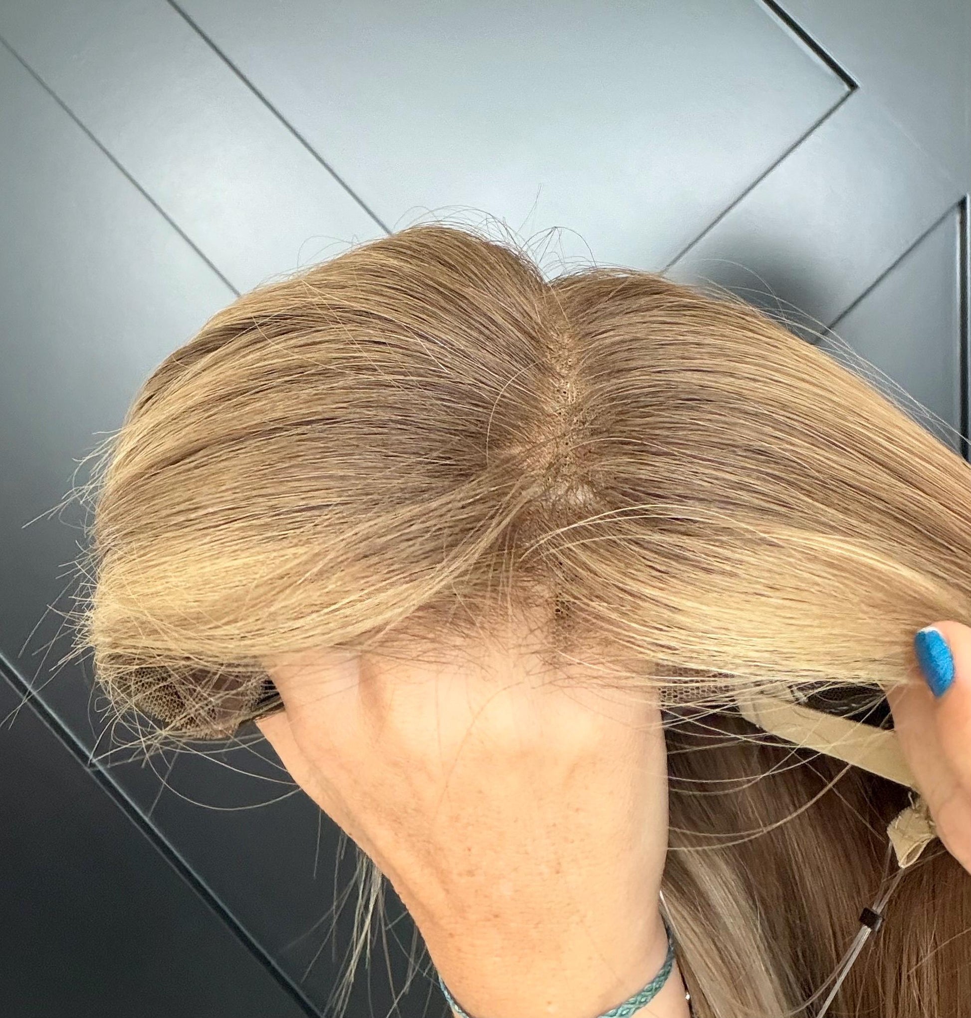 GUMDROP 9x9 Clipless Brazilian Remy Human Hair with Halo | 5x5 Lace Top, ash blonde rooted, 16”, color customization available.