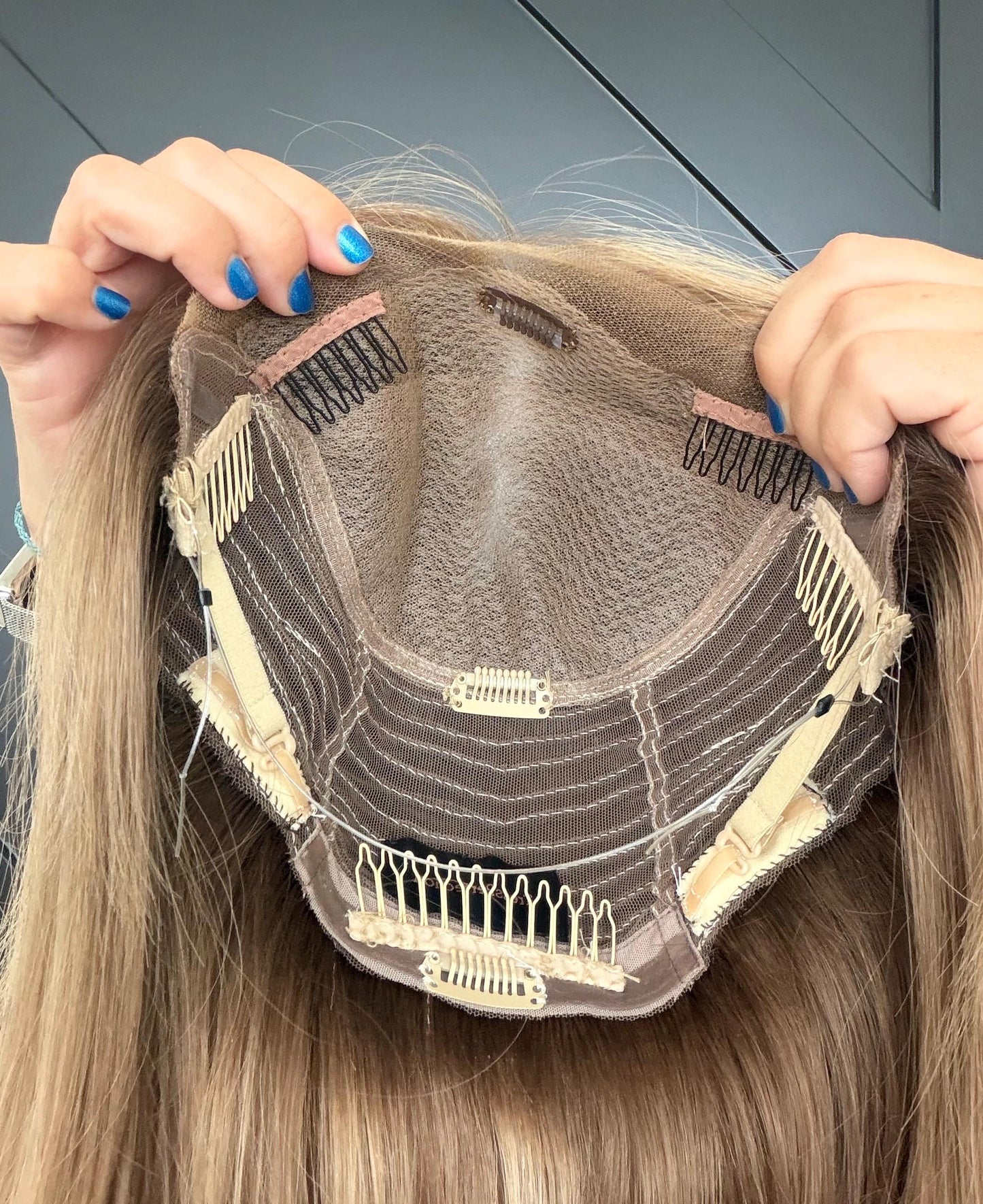 GUMDROP 9x9 Clipless Brazilian Remy Human Hair with Halo | 5x5 Lace Top, ash blonde rooted, 16”, color customization available.