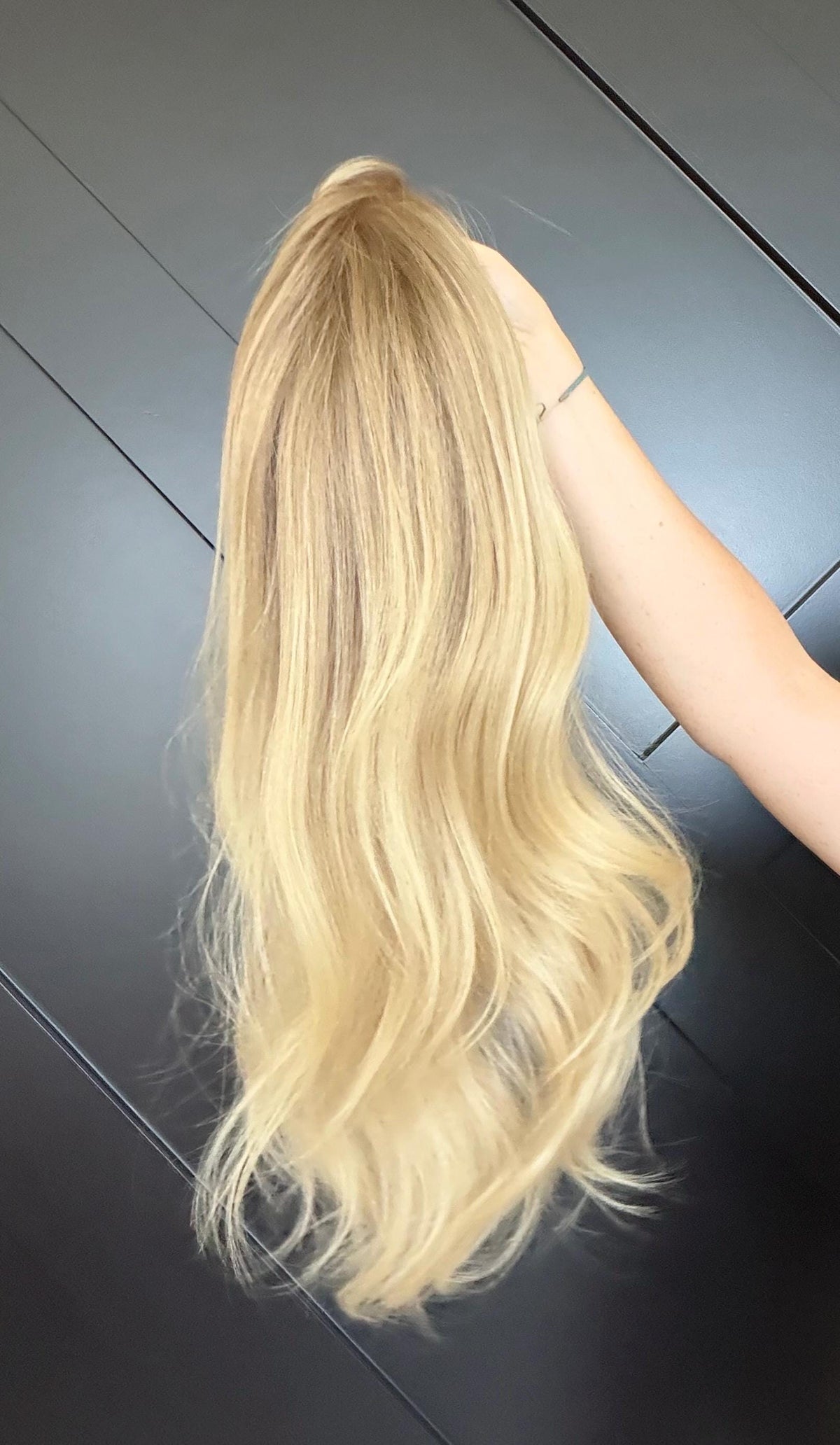 Brazilian Human Hair Wig Honey Beige Blonde Wig with Shadow Root | Lace Front Wig | Natural Frontal | Soft Layered Mid Length Wig MARIVELLE