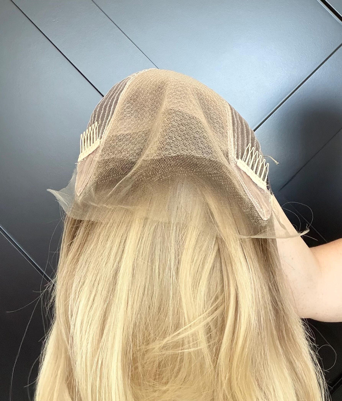 Brazilian Human Hair Wig Honey Beige Blonde Wig with Shadow Root | Lace Front Wig | Natural Frontal | Soft Layered Mid Length Wig MARIVELLE