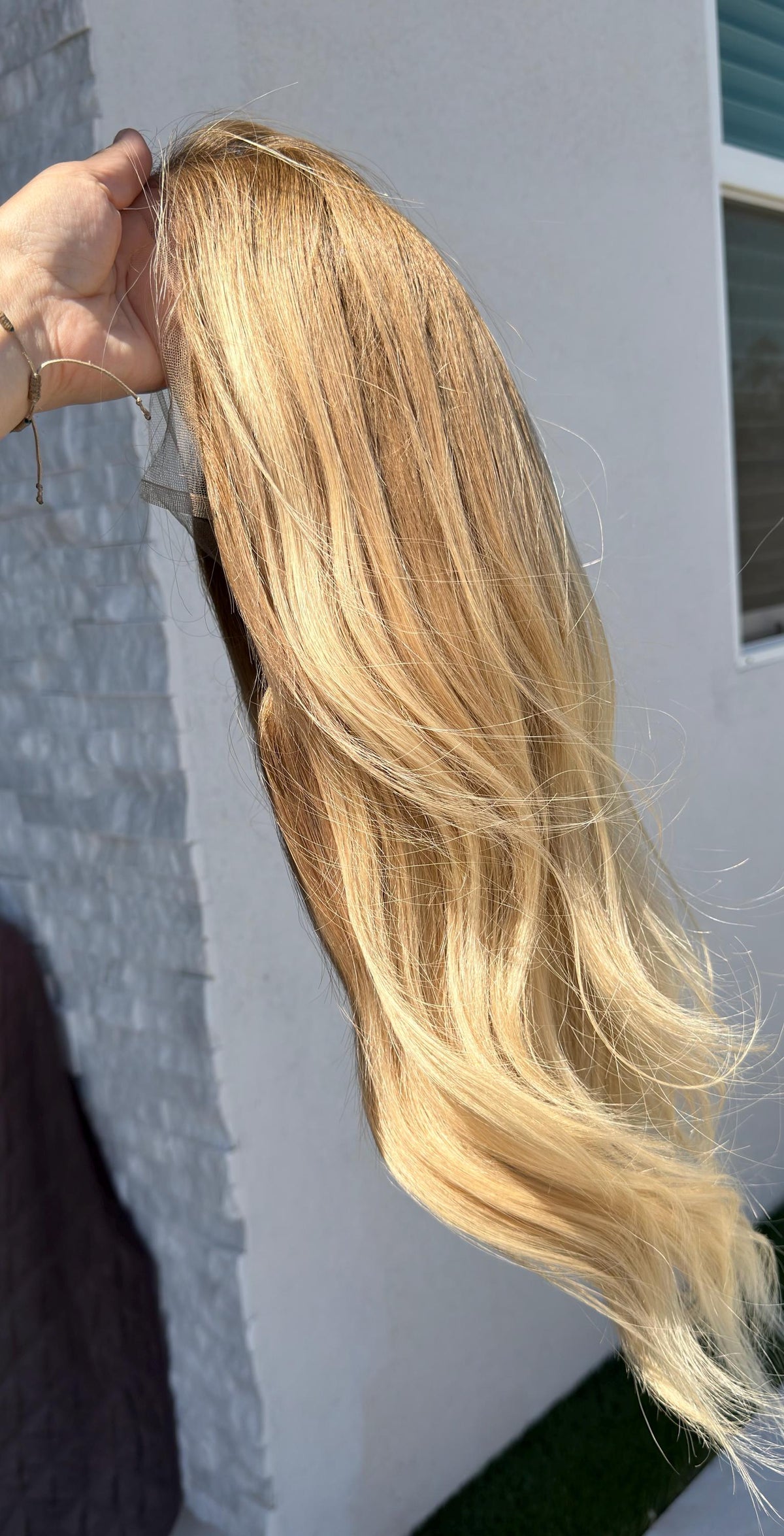 Brazilian Human Hair Wig Honey Beige Blonde Wig with Shadow Root | Lace Front Wig | Natural Frontal | Soft Layered Mid Length Wig MARIVELLE