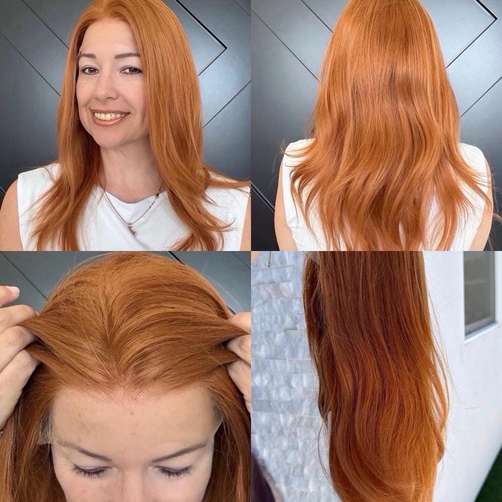 Customization for ETHEL 9x10 clipless 360 Brazilian human hair topper| Custom Copper color, lace front Glueless Halo Attachment, Clipless