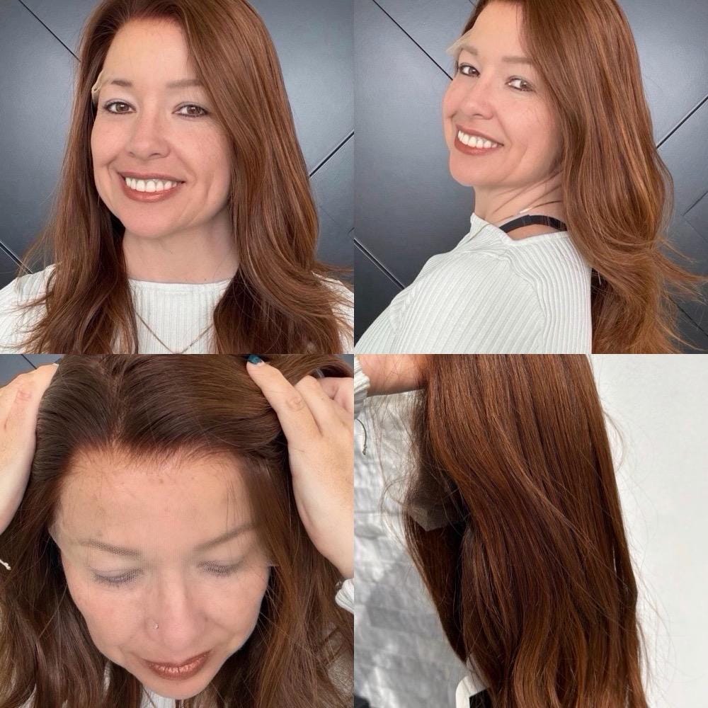 Customization for ETHEL 9x10 clipless 360 Brazilian human hair topper| Custom Copper color, lace front Glueless Halo Attachment, Clipless