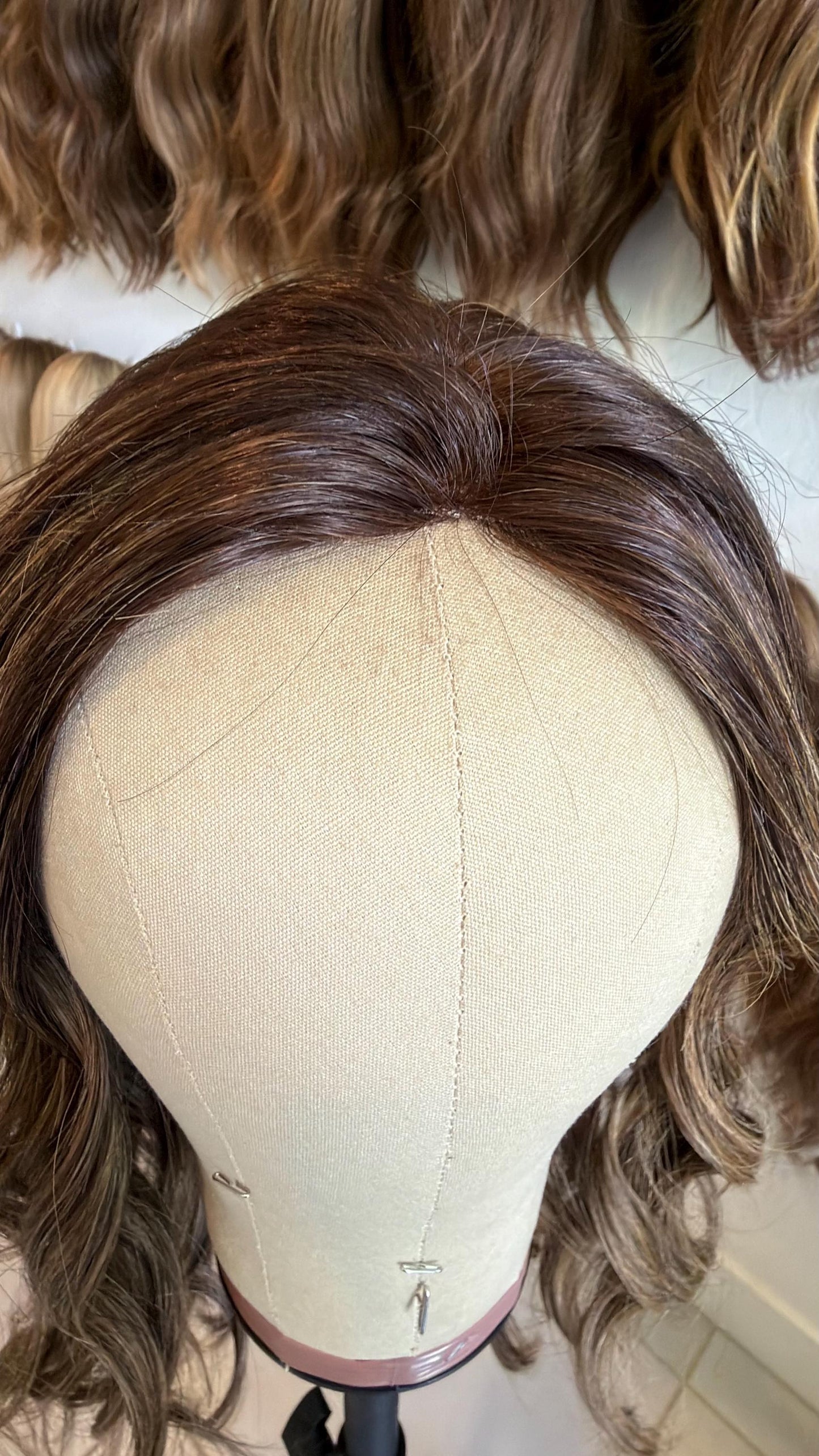 ROSARIO 9x9 clipless 360 Brazilian human hair topper| Brown w highlights, closed laced Halo Attachment, Clipless, silk liner 18-24”