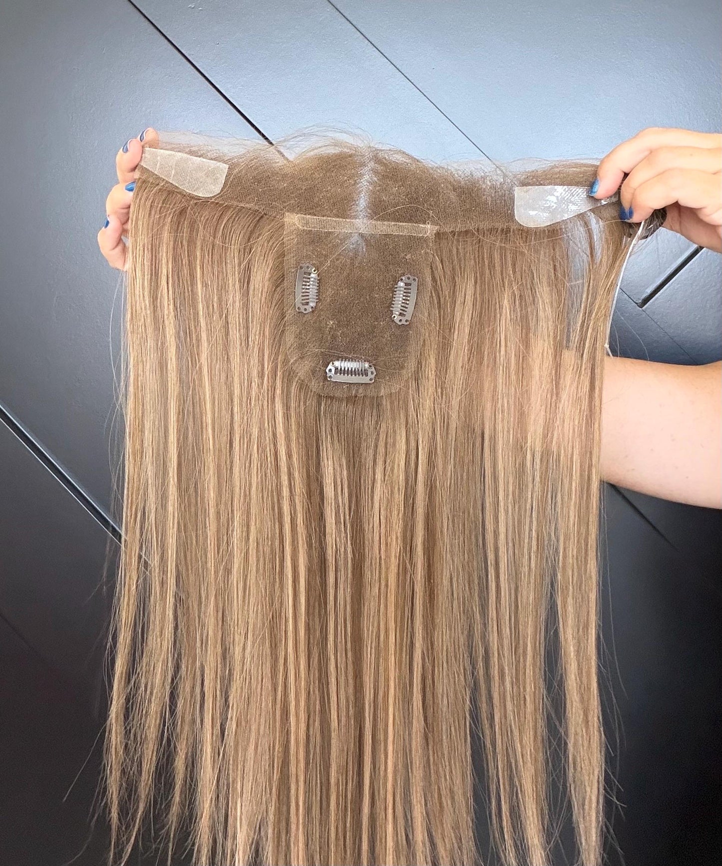 Custom order ANNIE Human Hair T-Lace Hairline Topper 2x11 + 4x5 deep base | Halo Brazilian Hair 6/8 Bleached knots NaturalDensity 14”