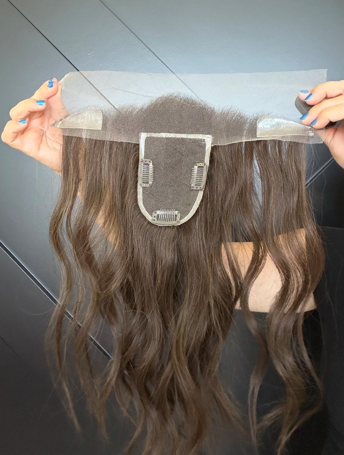 Custom order ANNIE Human Hair T-Lace Hairline Topper 2x11 + 4x5 deep base | Halo Brazilian Hair 6/8 Bleached knots NaturalDensity 14”