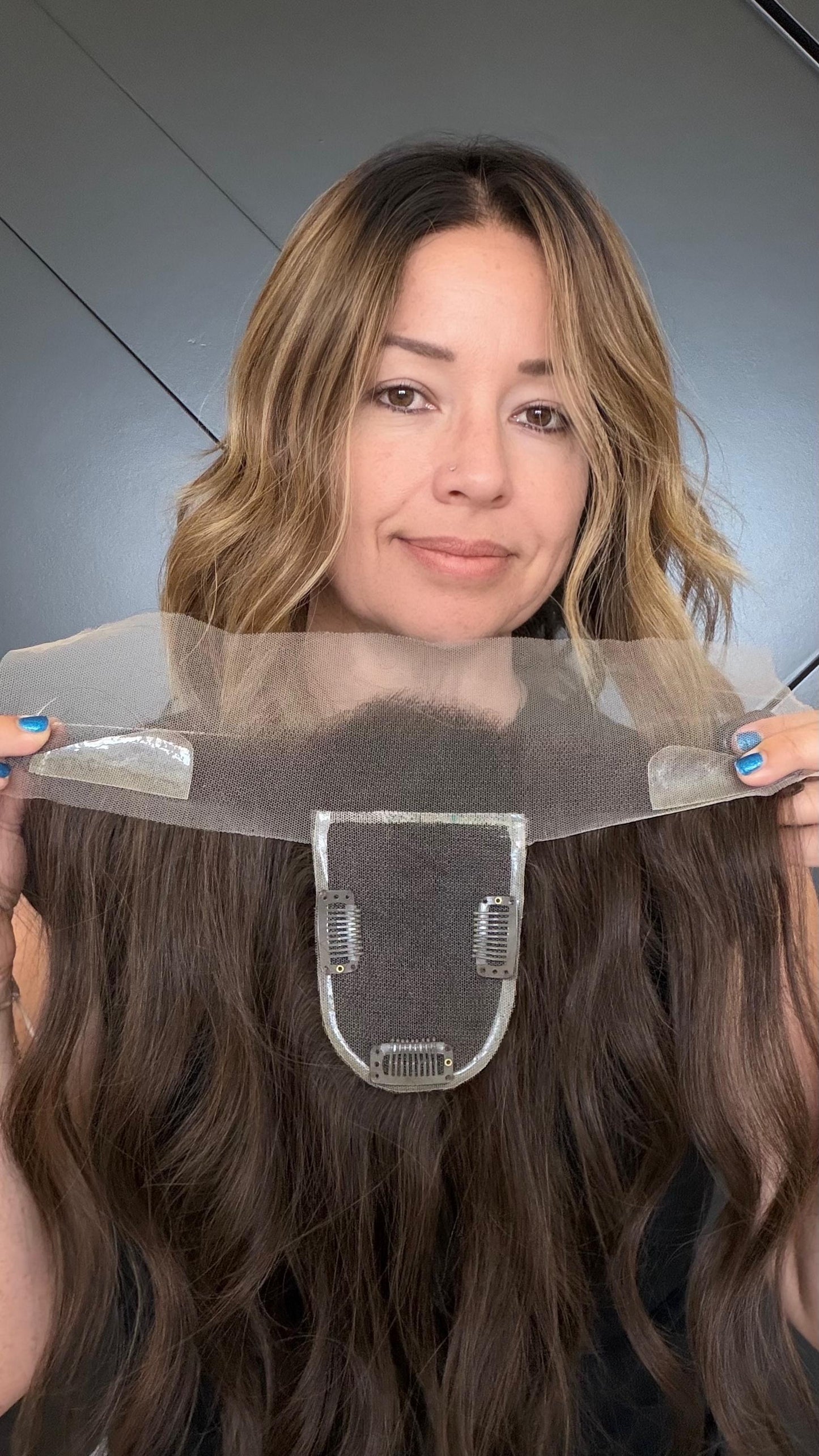Custom order ANNIE Human Hair T-Lace Hairline Topper 2x11 + 4x5 deep base | Halo Brazilian Hair 6/8 Bleached knots NaturalDensity 14”