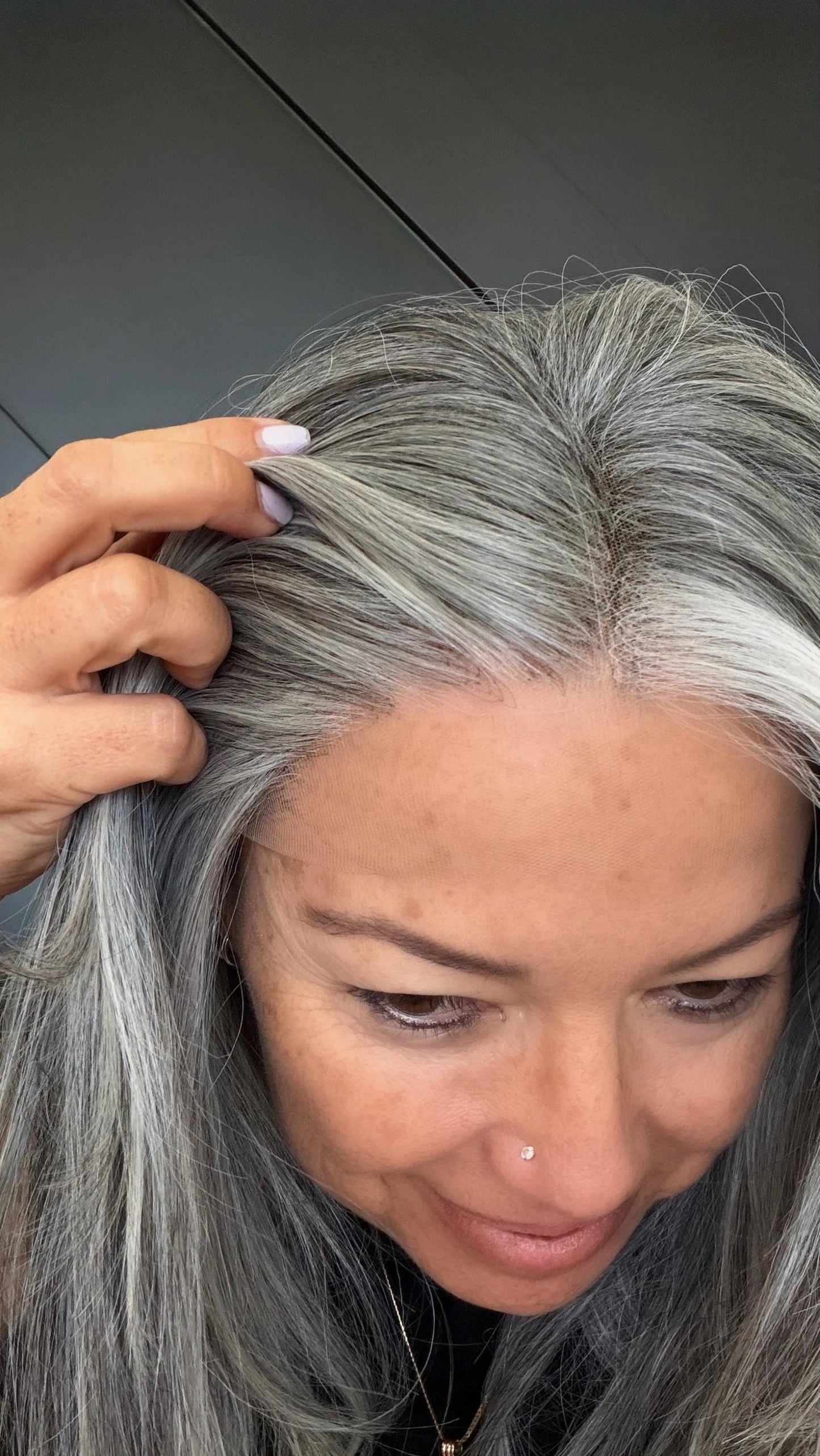 20" Lace Front Wig – Heat-Resistant Futura Fiber, Salt and pepper SWISS. Short length available with cut customization free part SALTY
