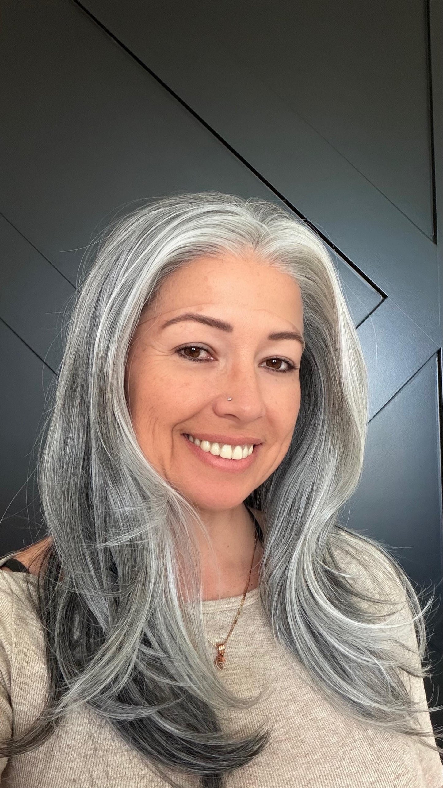 22" Lace Front Wig – Heat-Resistant Futura Fiber, Salt and pepper SWISS. Short length available with cut customization free part PEPPER