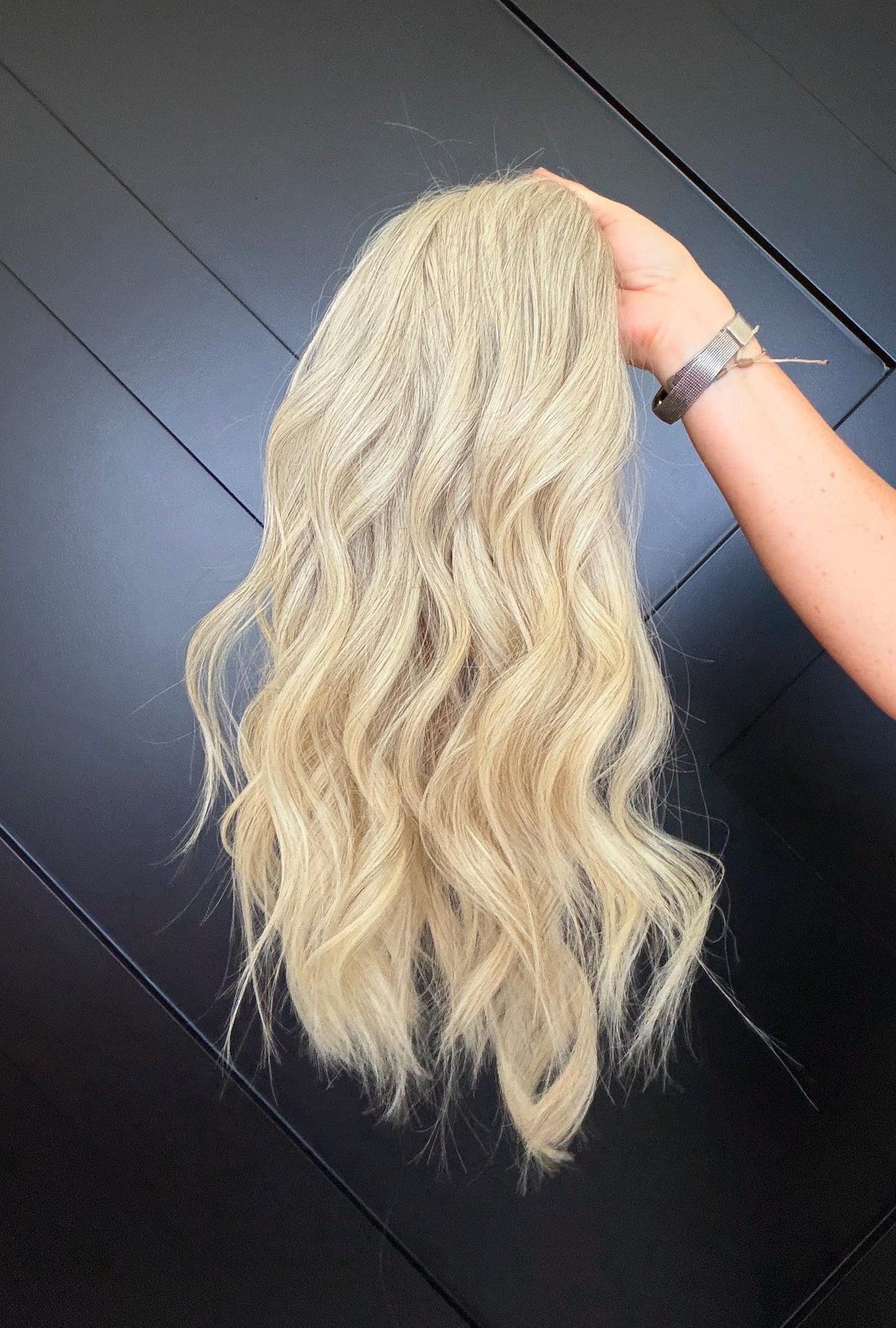 MITZ 9x9 clipless 360 European human hair topper| Salt and Pepper light blonde, closed laced Halo Attachment, Clipless, silk liner 18-24”