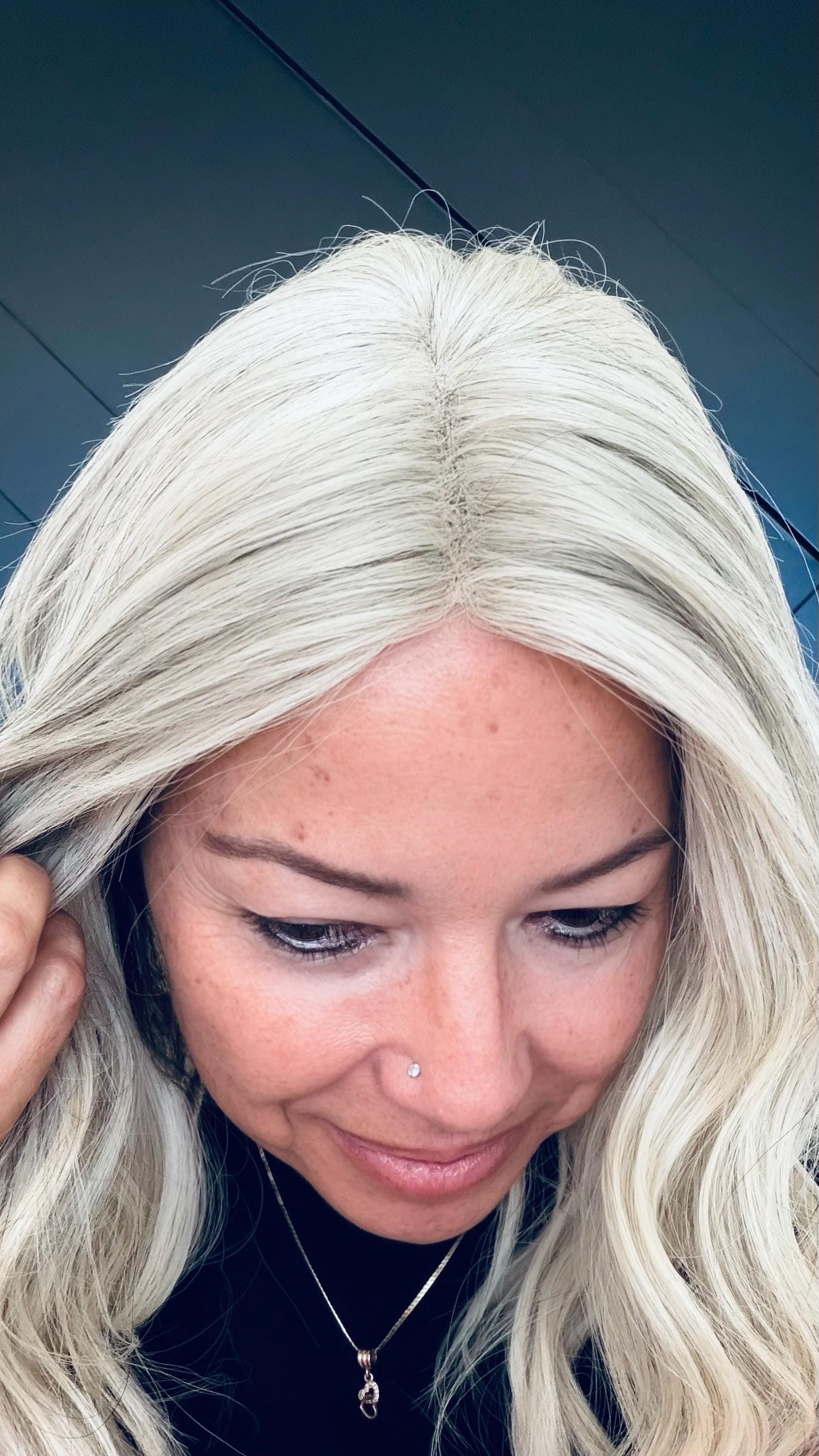 MITZ 9x9 clipless 360 European human hair topper| Salt and Pepper light blonde, closed laced Halo Attachment, Clipless, silk liner 18-24”