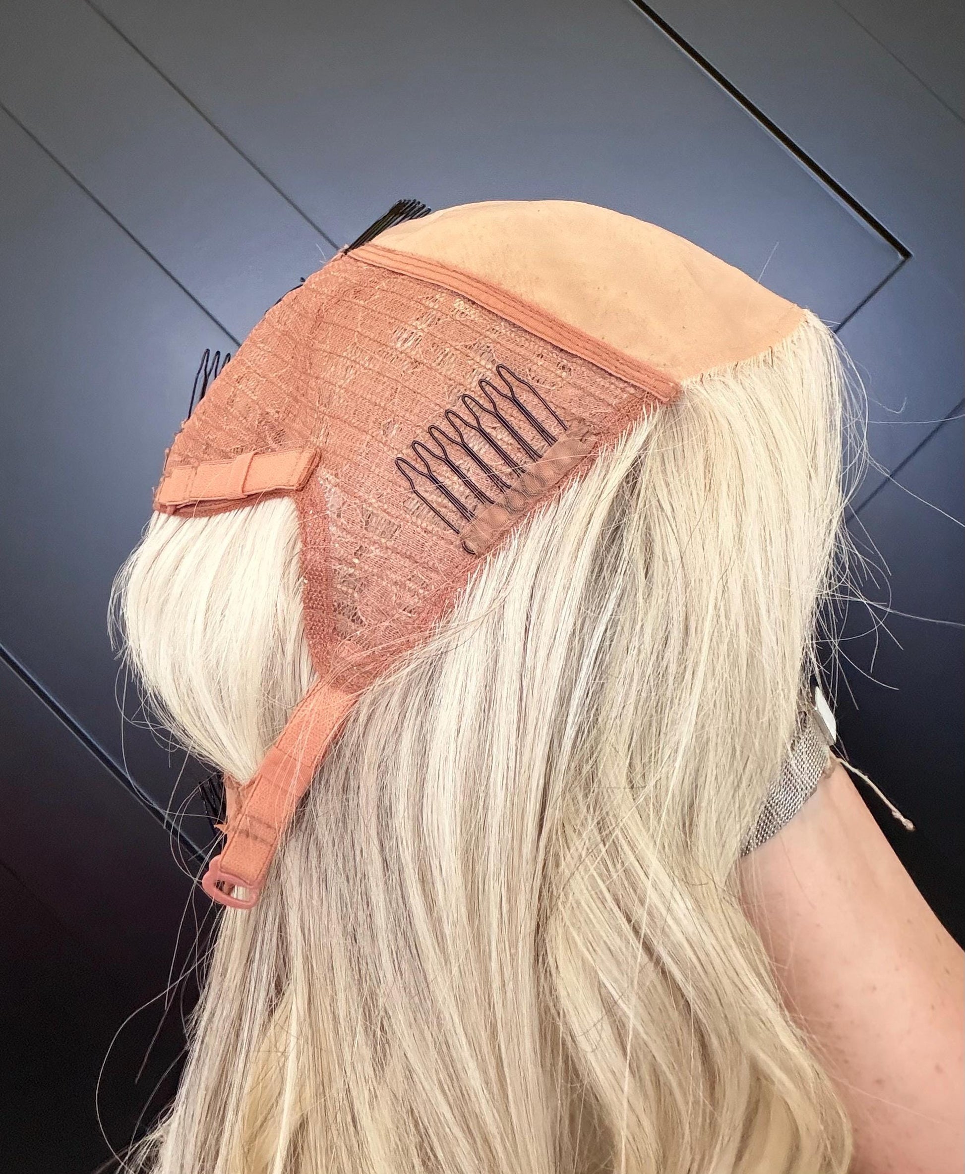 MITZ 9x9 clipless 360 European human hair topper| Salt and Pepper light blonde, closed laced Halo Attachment, Clipless, silk liner 18-24”
