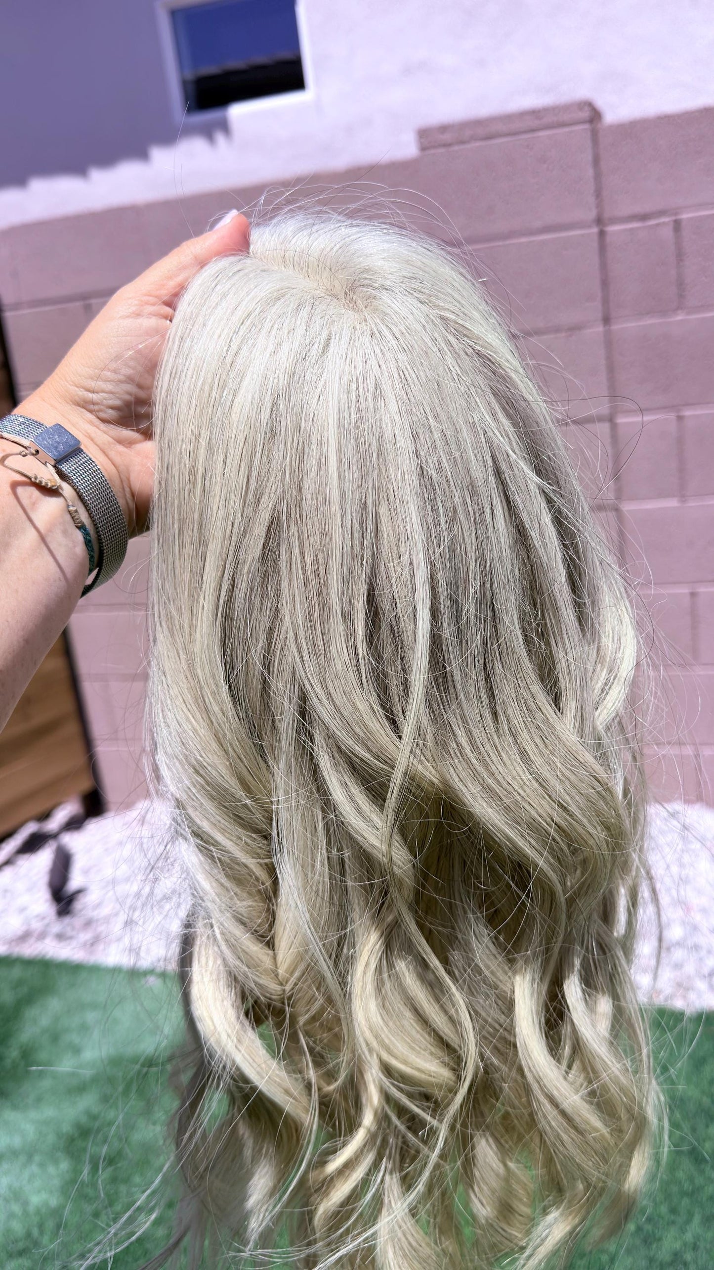 MITZ 9x9 clipless 360 European human hair topper| Salt and Pepper light blonde, closed laced Halo Attachment, Clipless, silk liner 18-24”