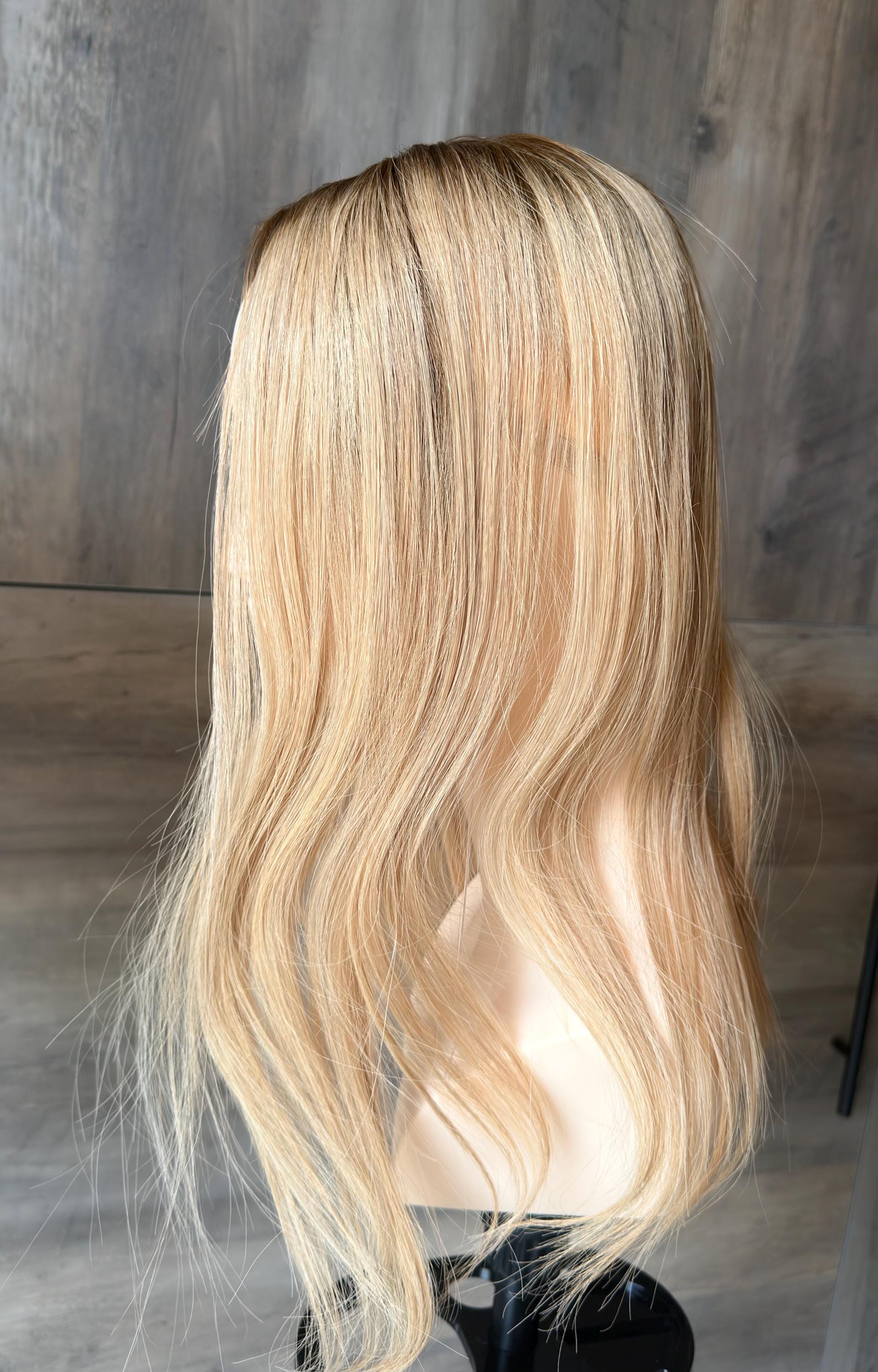 Custom order ANNIE Human Hair T-Lace Hairline Topper 2x11 + 4x5 deep base | Halo Brazilian Hair 6/8 Bleached knots NaturalDensity 14”