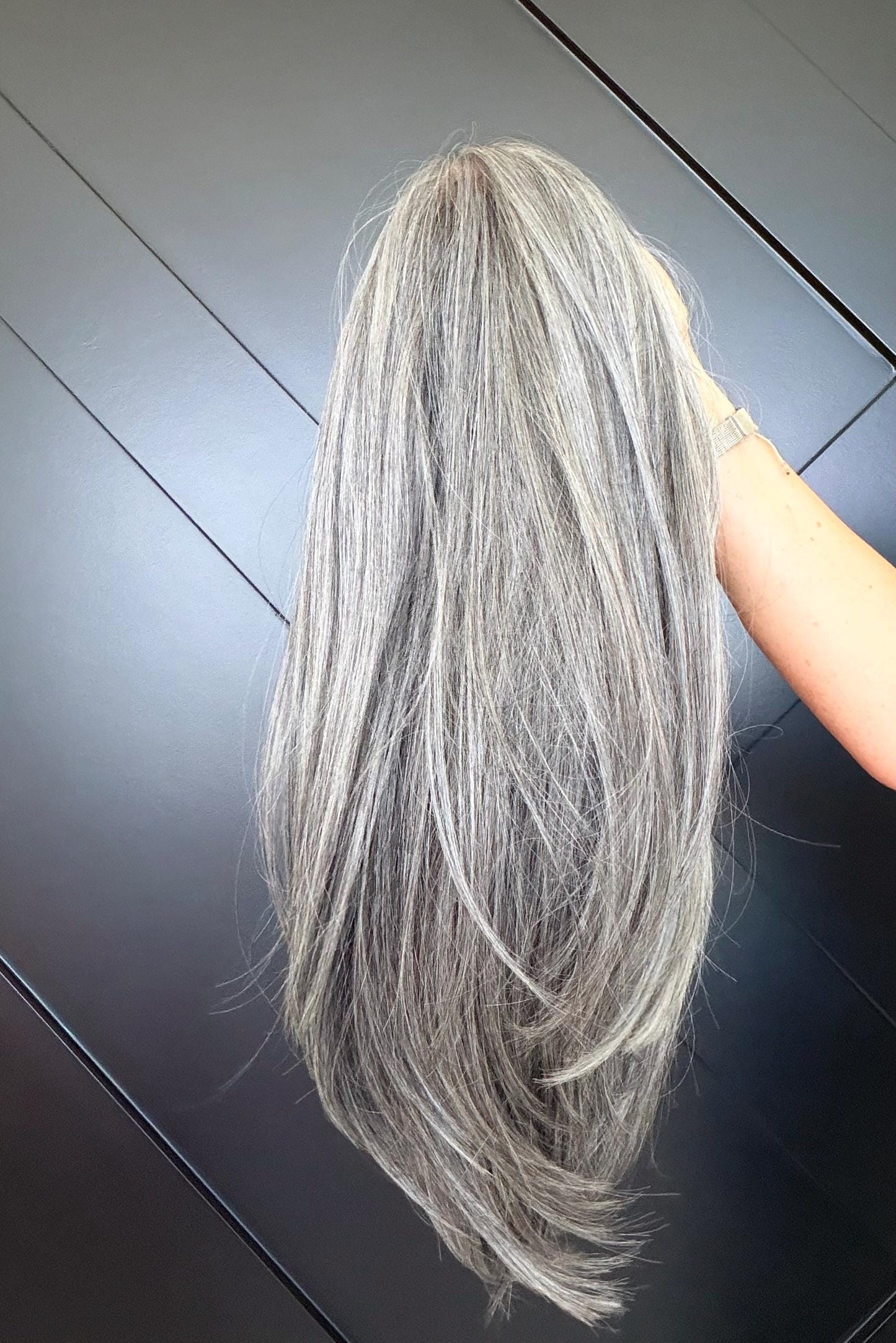 20" Lace Front Wig – Heat-Resistant Futura Fiber, Salt and pepper SWISS. Short length available with cut customization free part SALTY