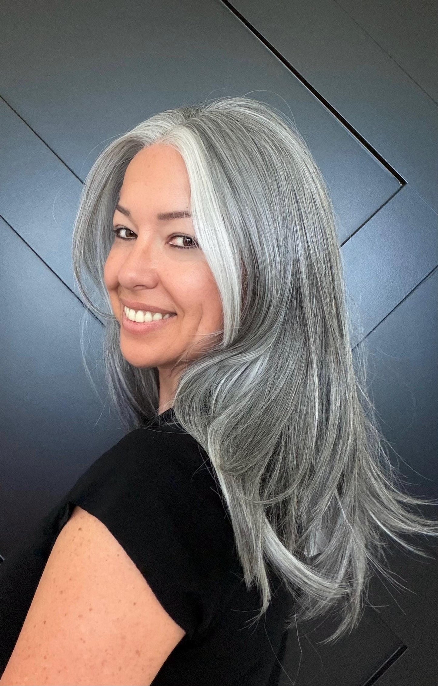 20" Lace Front Wig – Heat-Resistant Futura Fiber, Salt and pepper SWISS. Short length available with cut customization free part SALTY