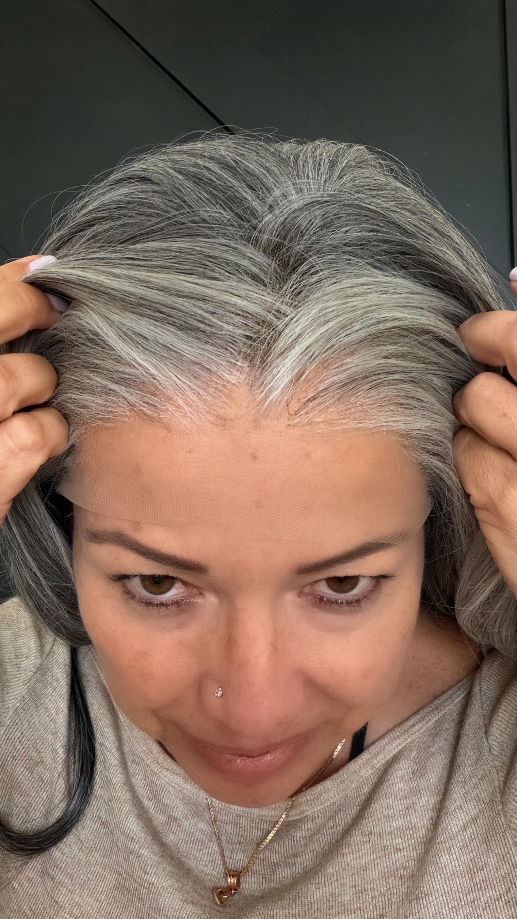 22" Lace Front Wig – Heat-Resistant Futura Fiber, Salt and pepper SWISS. Short length available with cut customization free part PEPPER
