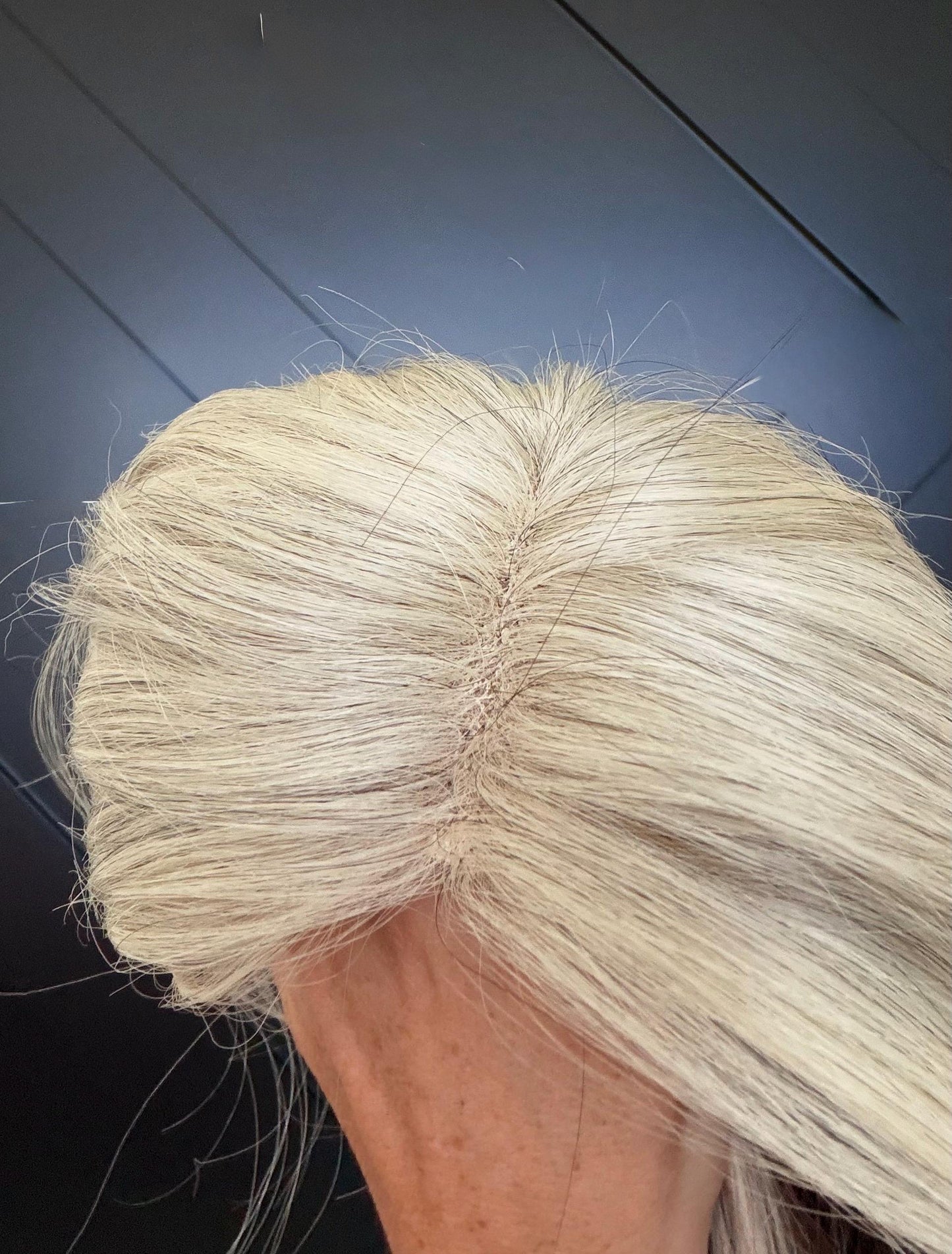 MITZ 9x9 clipless 360 European human hair topper| Salt and Pepper light blonde, closed laced Halo Attachment, Clipless, silk liner 18-24”