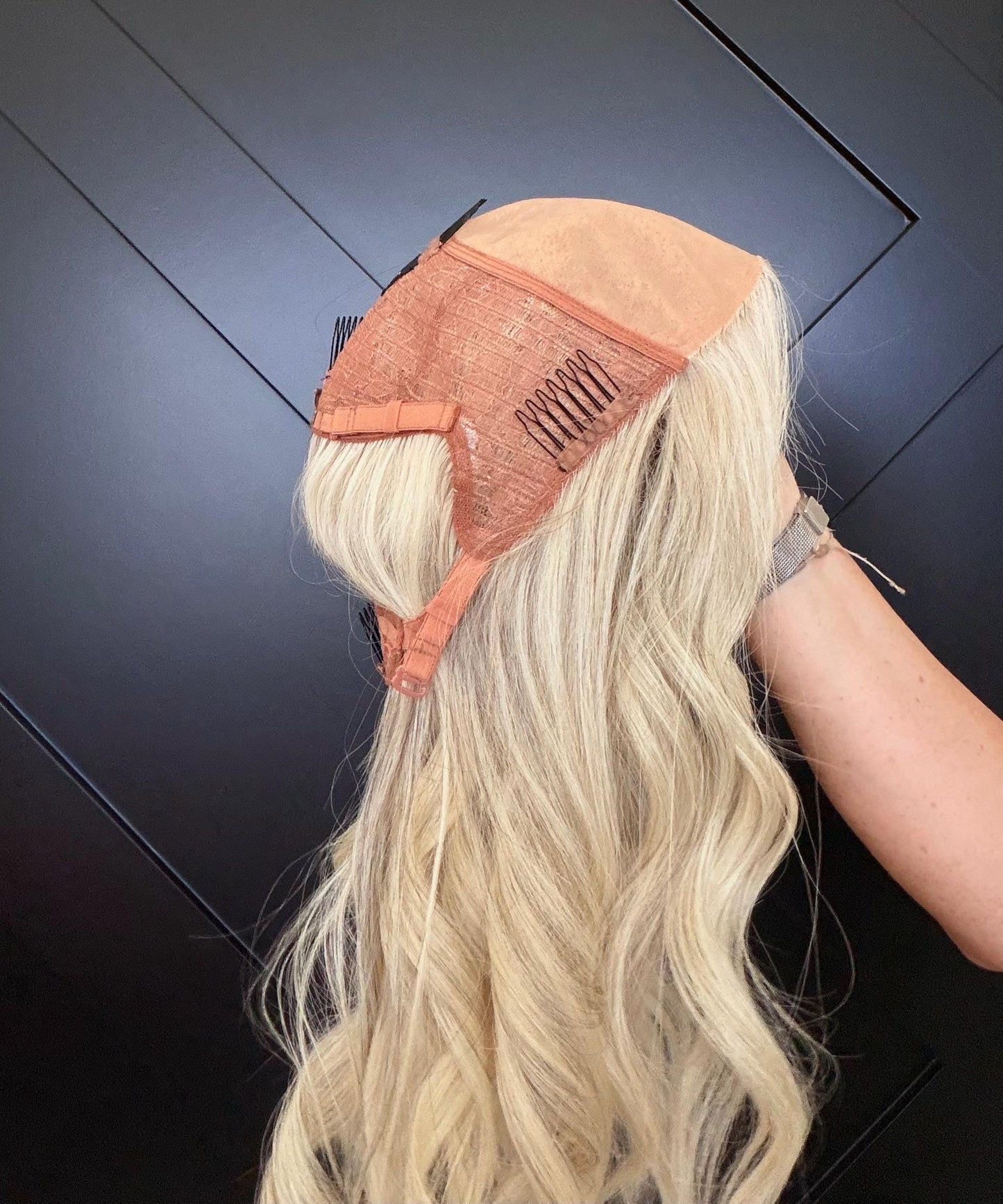 MITZ 9x9 clipless 360 European human hair topper| Salt and Pepper light blonde, closed laced Halo Attachment, Clipless, silk liner 18-24”