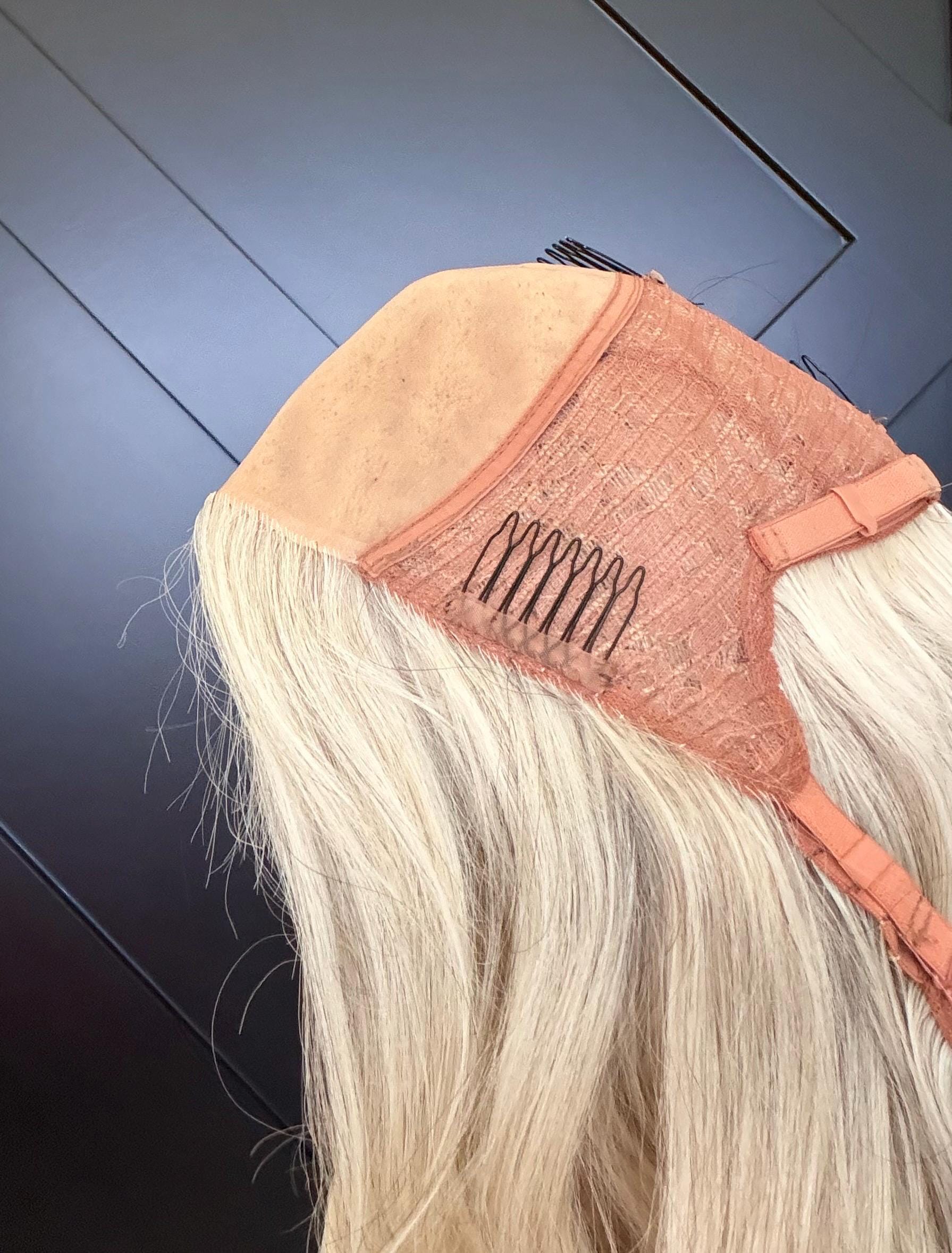 MITZ 9x9 clipless 360 European human hair topper| Salt and Pepper light blonde, closed laced Halo Attachment, Clipless, silk liner 18-24”