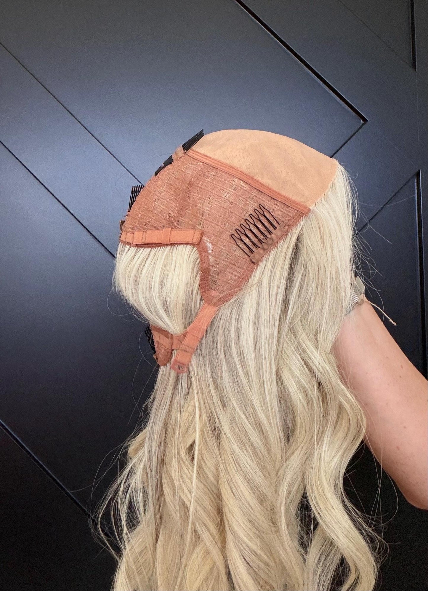 MITZ 9x9 clipless 360 European human hair topper| Salt and Pepper light blonde, closed laced Halo Attachment, Clipless, silk liner 18-24”