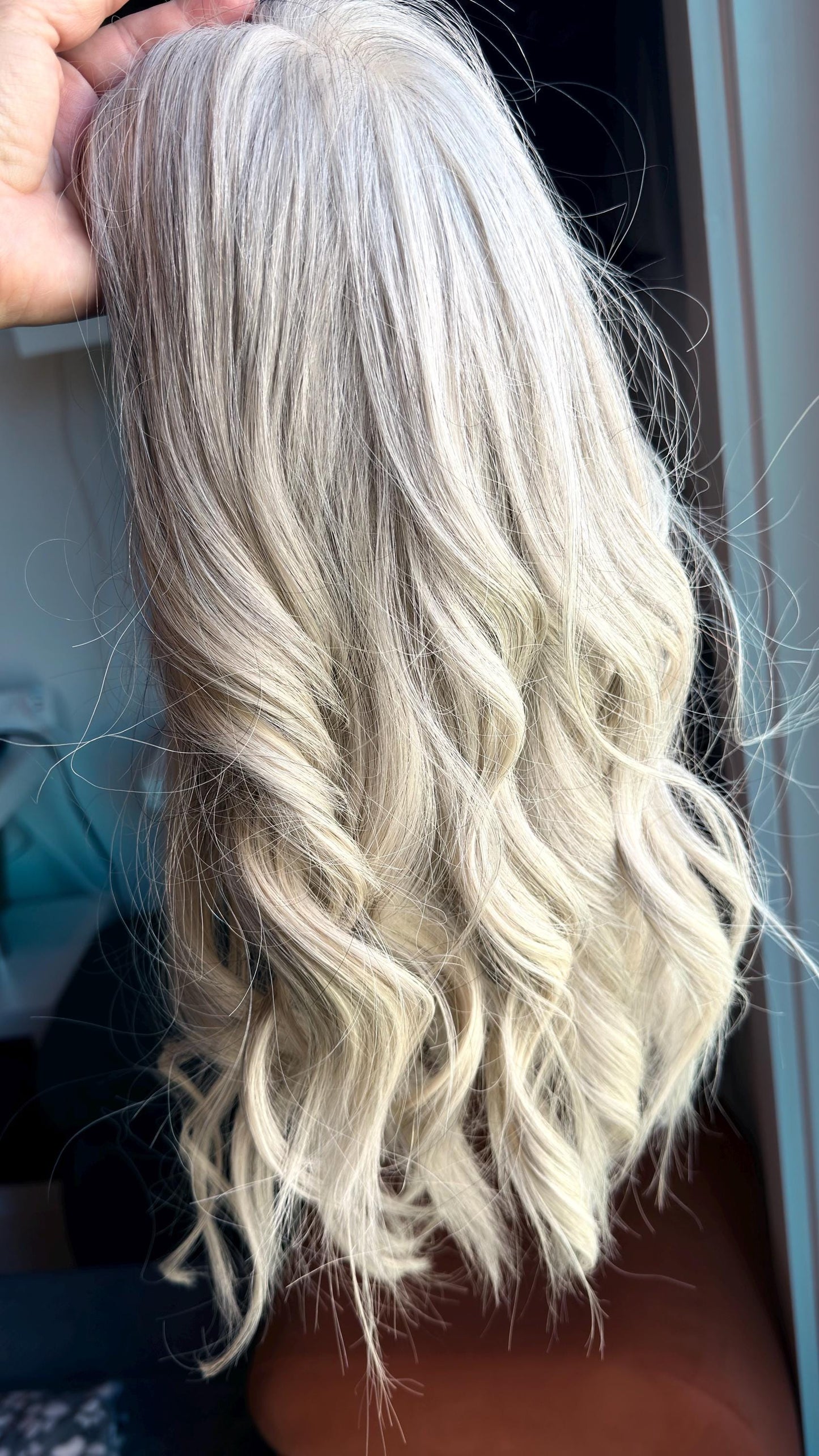 MITZ 9x9 clipless 360 European human hair topper| Salt and Pepper light blonde, closed laced Halo Attachment, Clipless, silk liner 18-24”