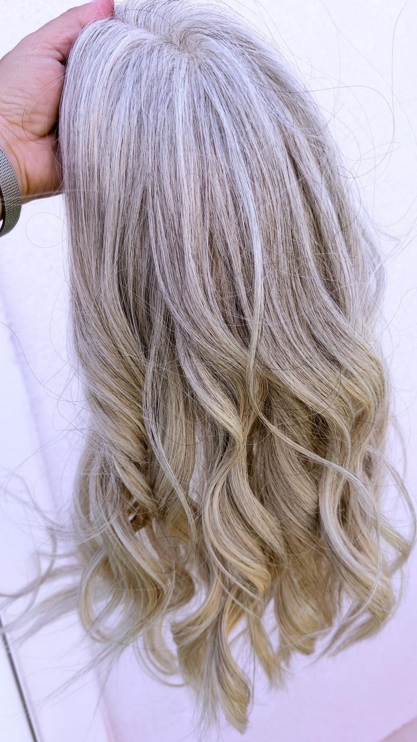 MITZ 9x9 clipless 360 European human hair topper| Salt and Pepper light blonde, closed laced Halo Attachment, Clipless, silk liner 18-24”
