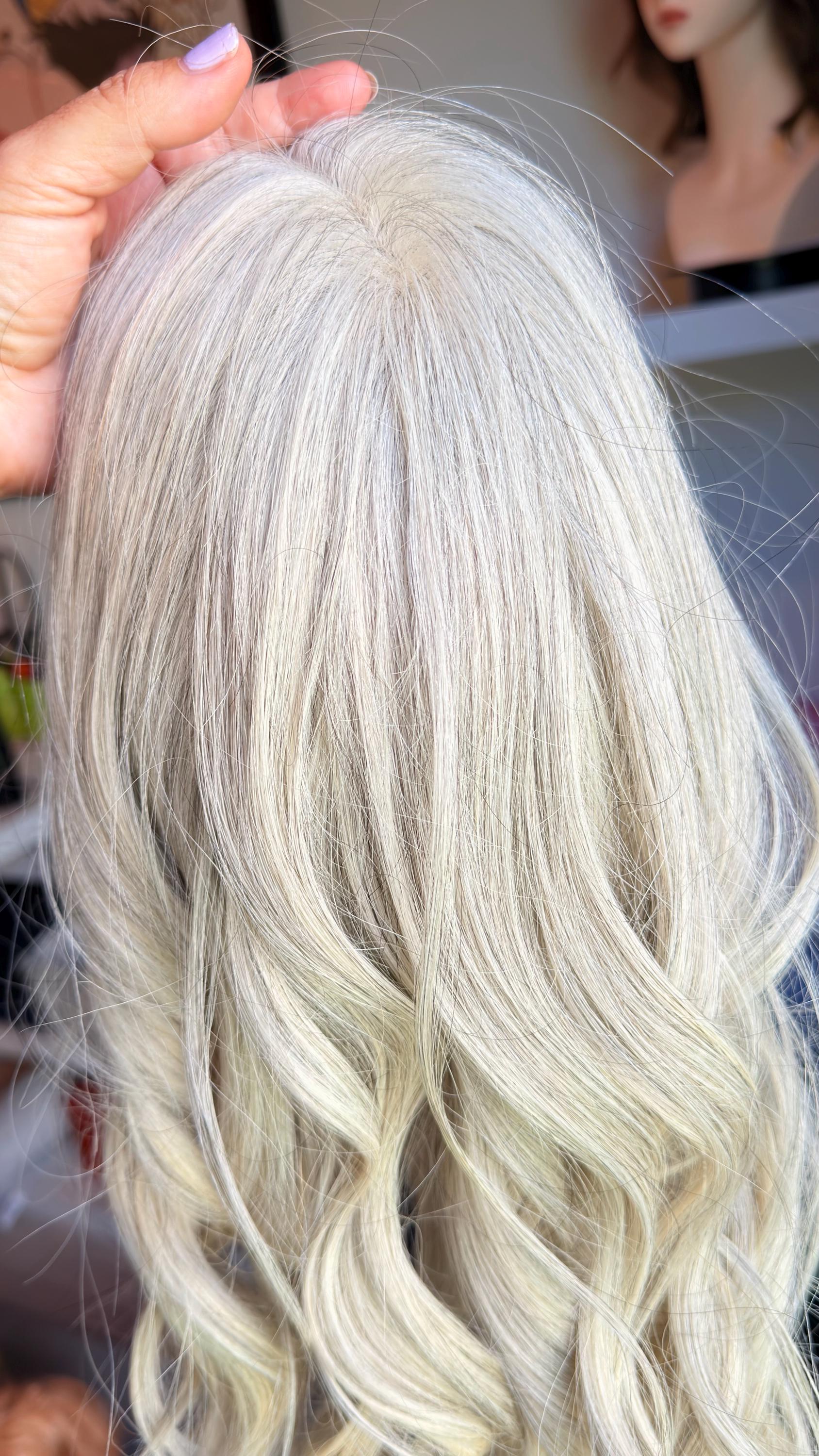 MITZ 9x9 clipless 360 European human hair topper| Salt and Pepper light blonde, closed laced Halo Attachment, Clipless, silk liner 18-24”