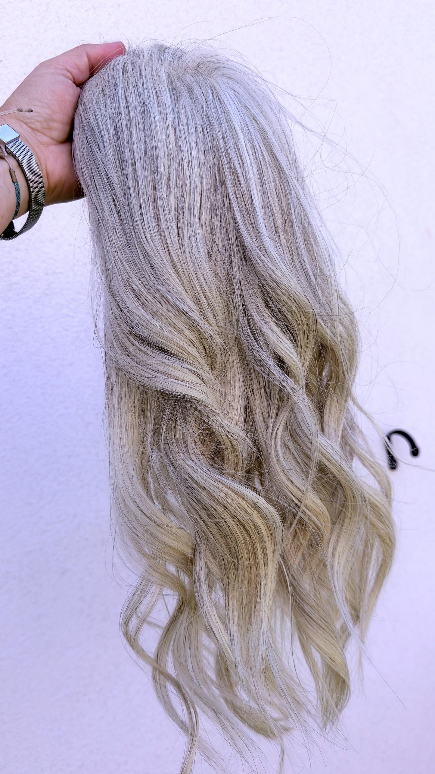MITZ 9x9 clipless 360 European human hair topper| Salt and Pepper light blonde, closed laced Halo Attachment, Clipless, silk liner 18-24”