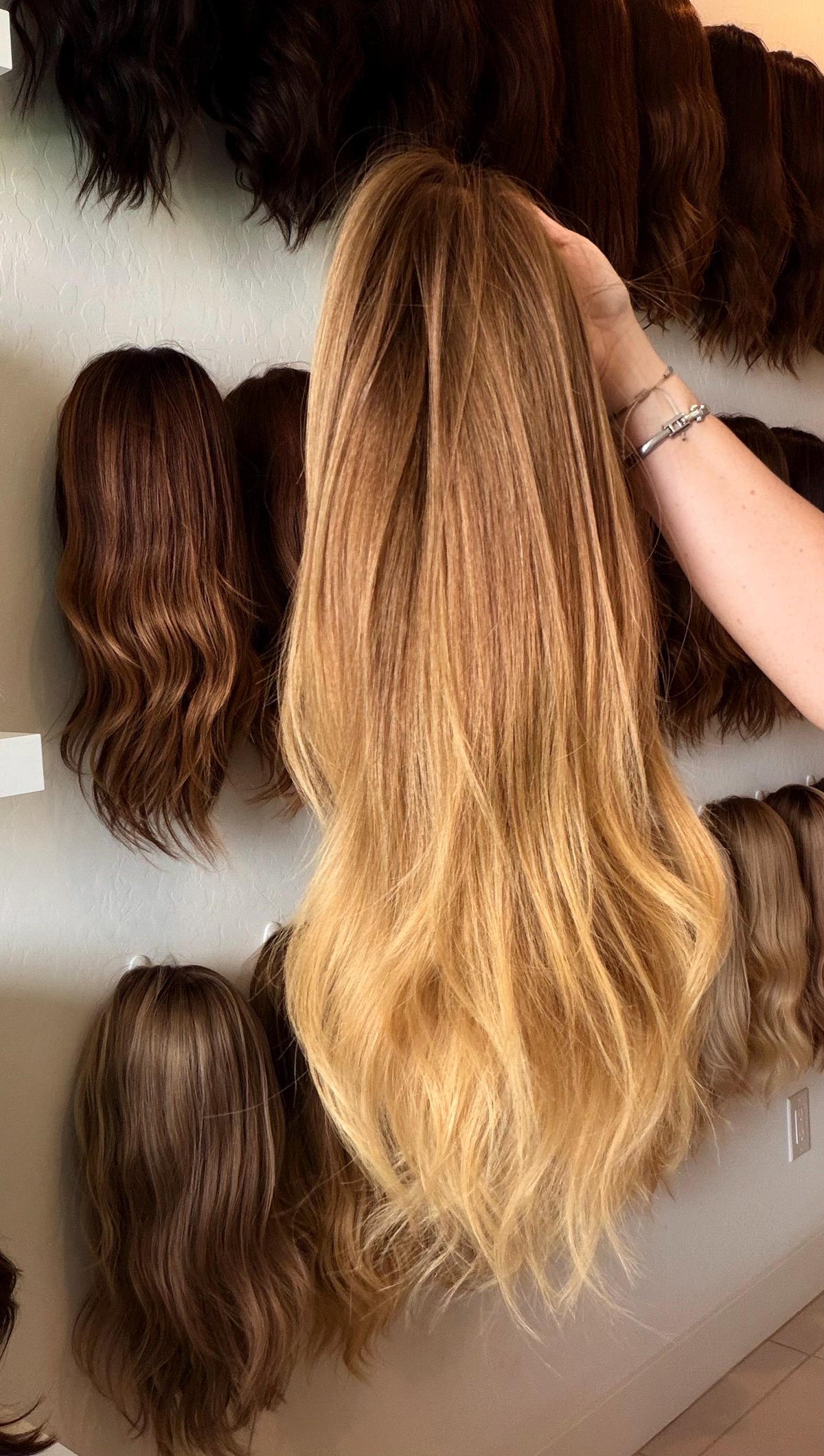 FLAN Layered Brazilian Remy Human Hair Wig | Size medium 13x6 Lace Front Wig | Golden Honey Vtabs | 22” Bleached Knots