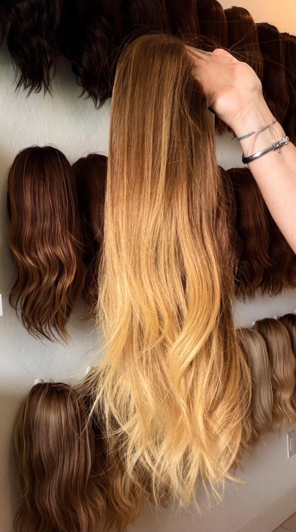 FLAN Layered Brazilian Remy Human Hair Wig | Size medium 13x6 Lace Front Wig | Golden Honey Vtabs | 22” Bleached Knots