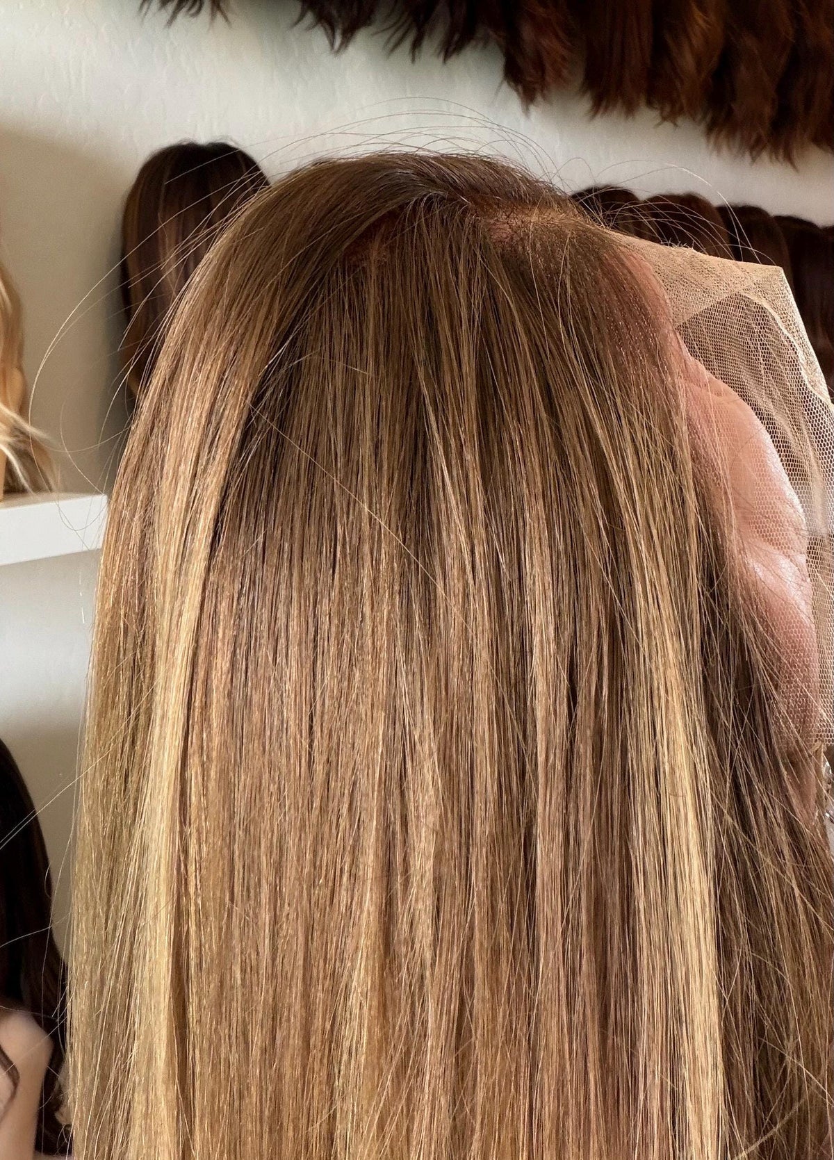 FLAN Layered Brazilian Remy Human Hair Wig | Size medium 13x6 Lace Front Wig | Golden Honey Vtabs | 22” Bleached Knots