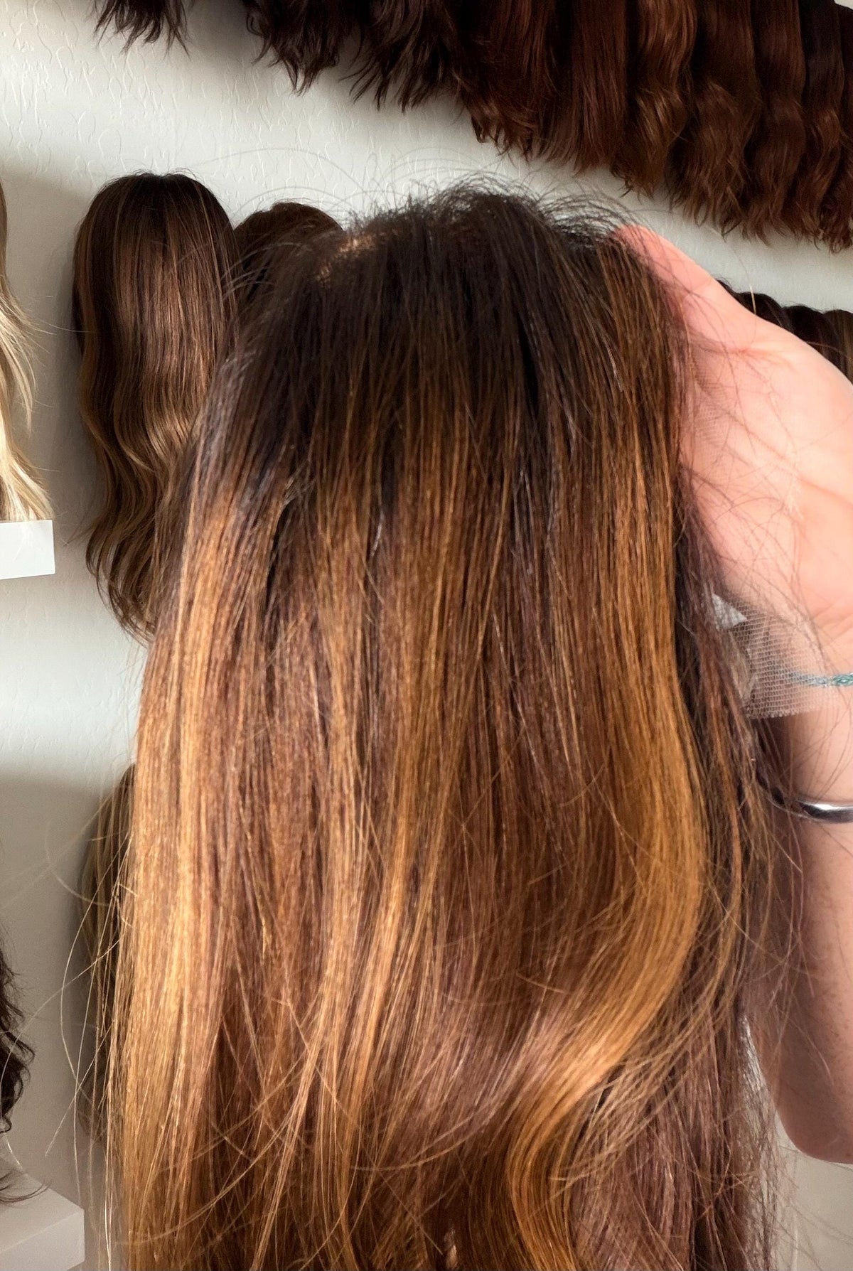 DONUT Layered Brazilian Remy Human Hair Wig | Natural Density 5x5.5” Lace Top Wig | 18-28” dark root Auburn Balayage.