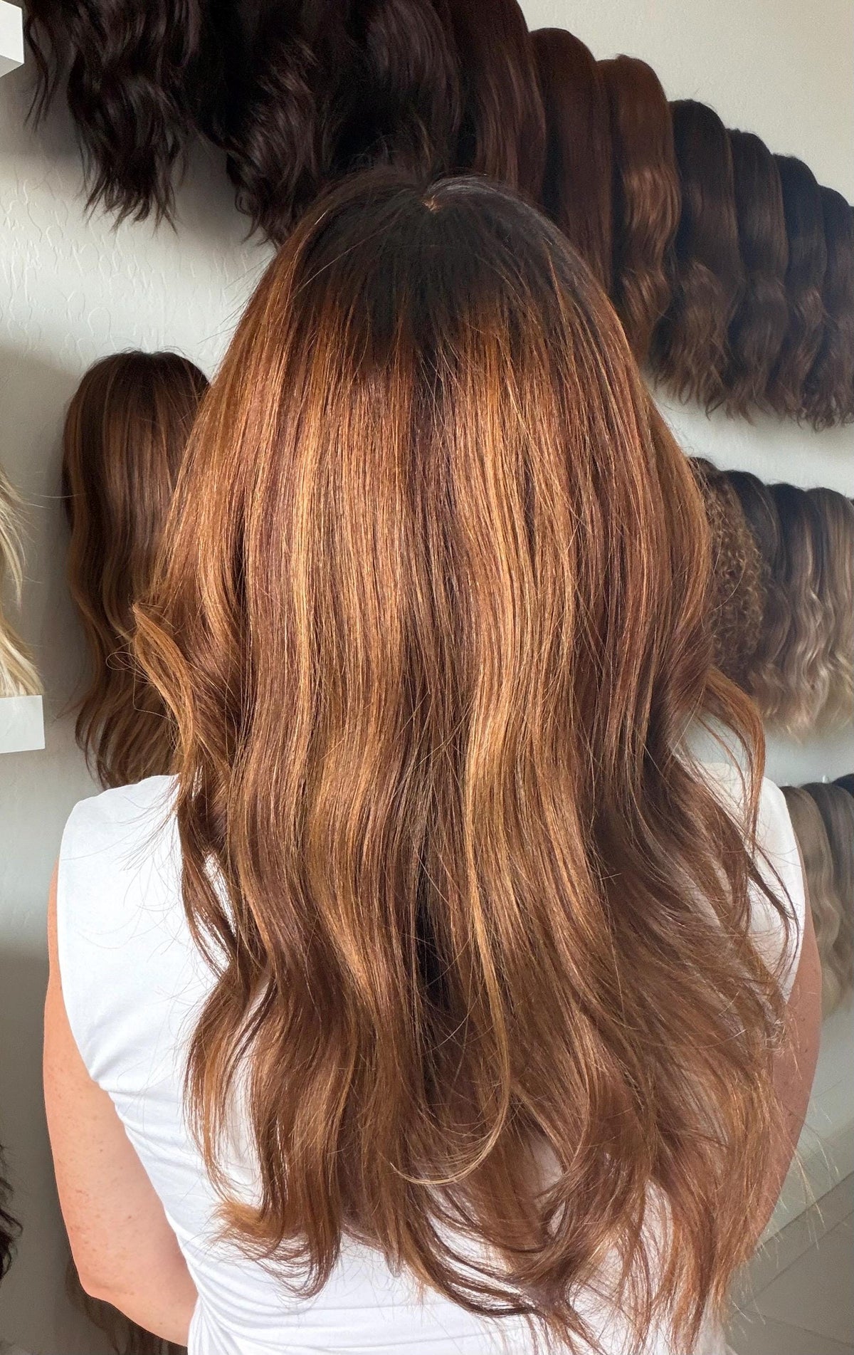 DONUT Layered Brazilian Remy Human Hair Wig | Natural Density 5x5.5” Lace Top Wig | 18-28” dark root Auburn Balayage.