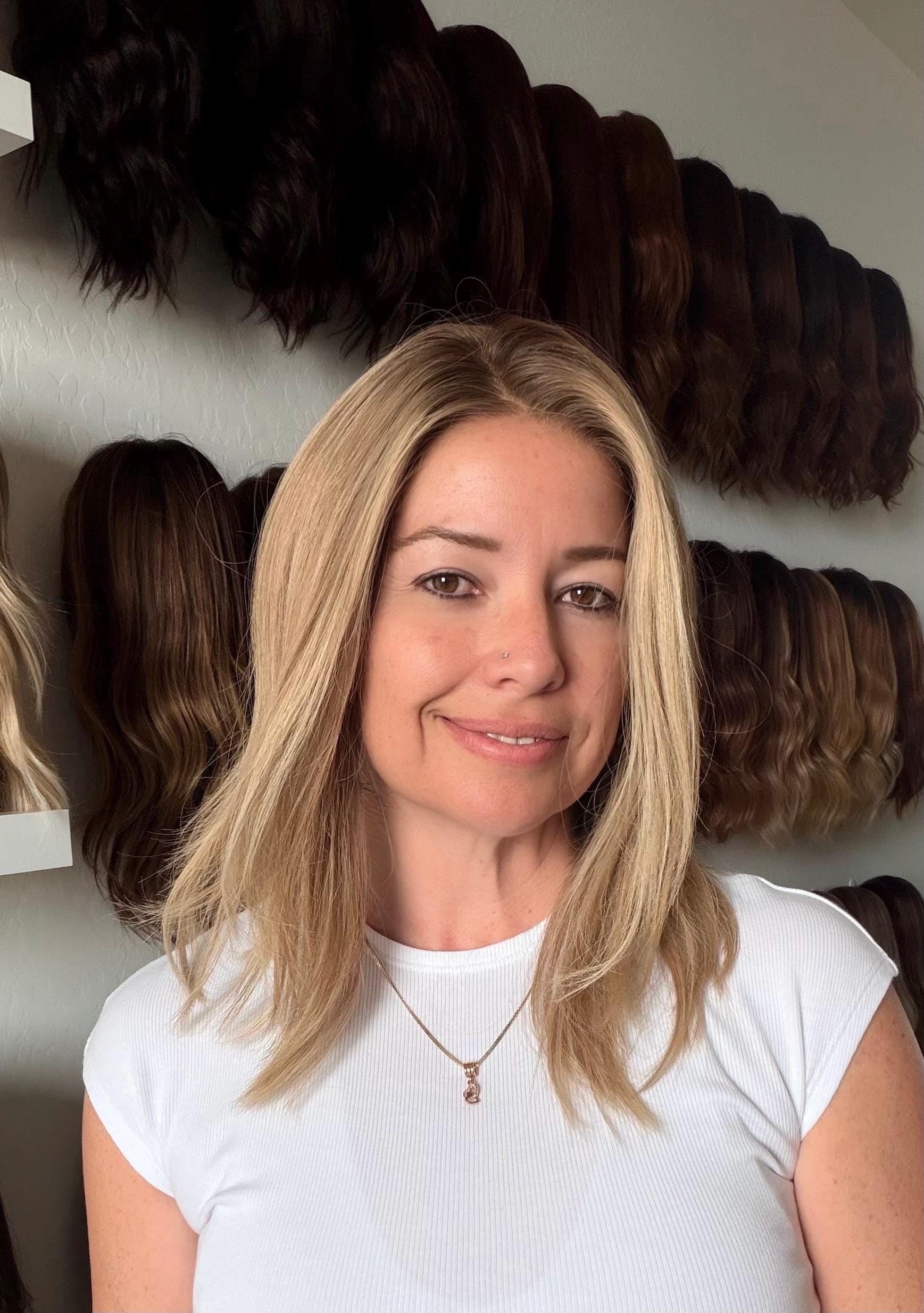 MADELEINE 9x9 Clipless Brazilian Remy Human Hair with Halo | 5x5 Lace Top, ash blonde rooted, 16”, low density