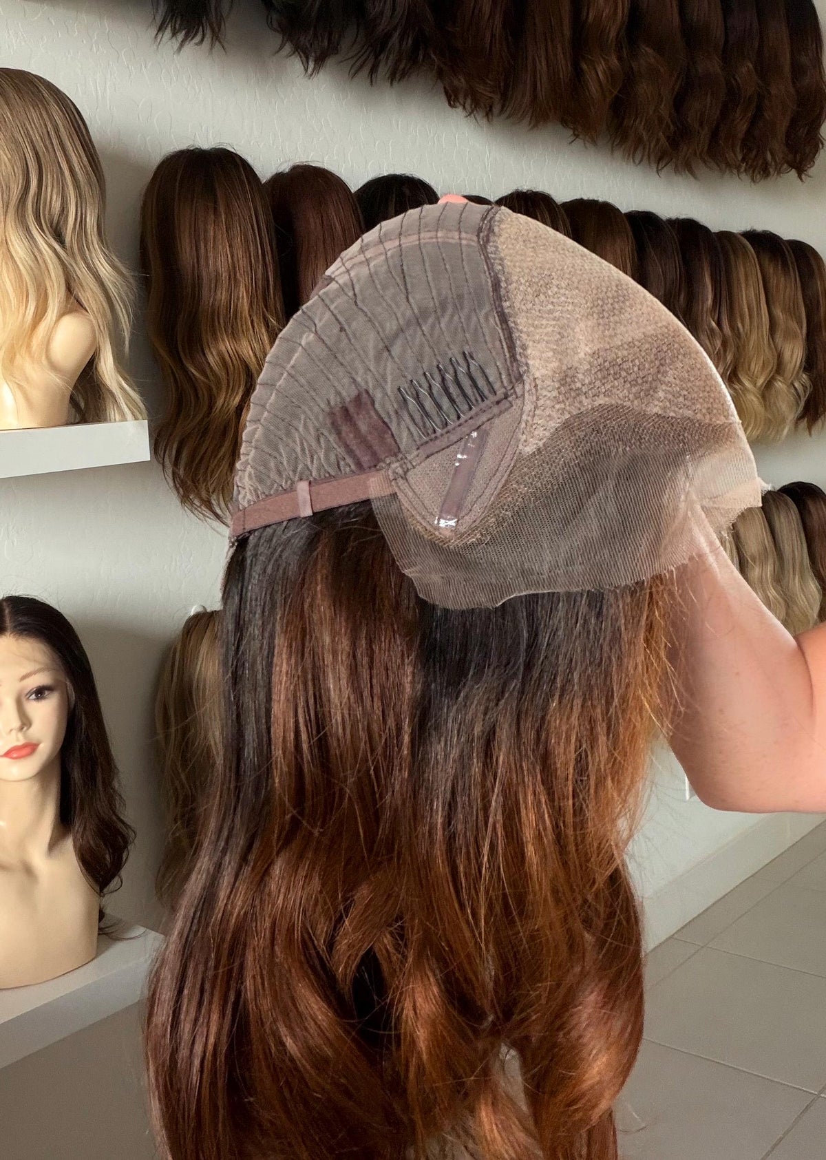 MACARON Layered Brazilian Remy Human Hair Wig | Natural Density 5x5.5” Lace Top Wig | 18-28” dark root Copper Balayage