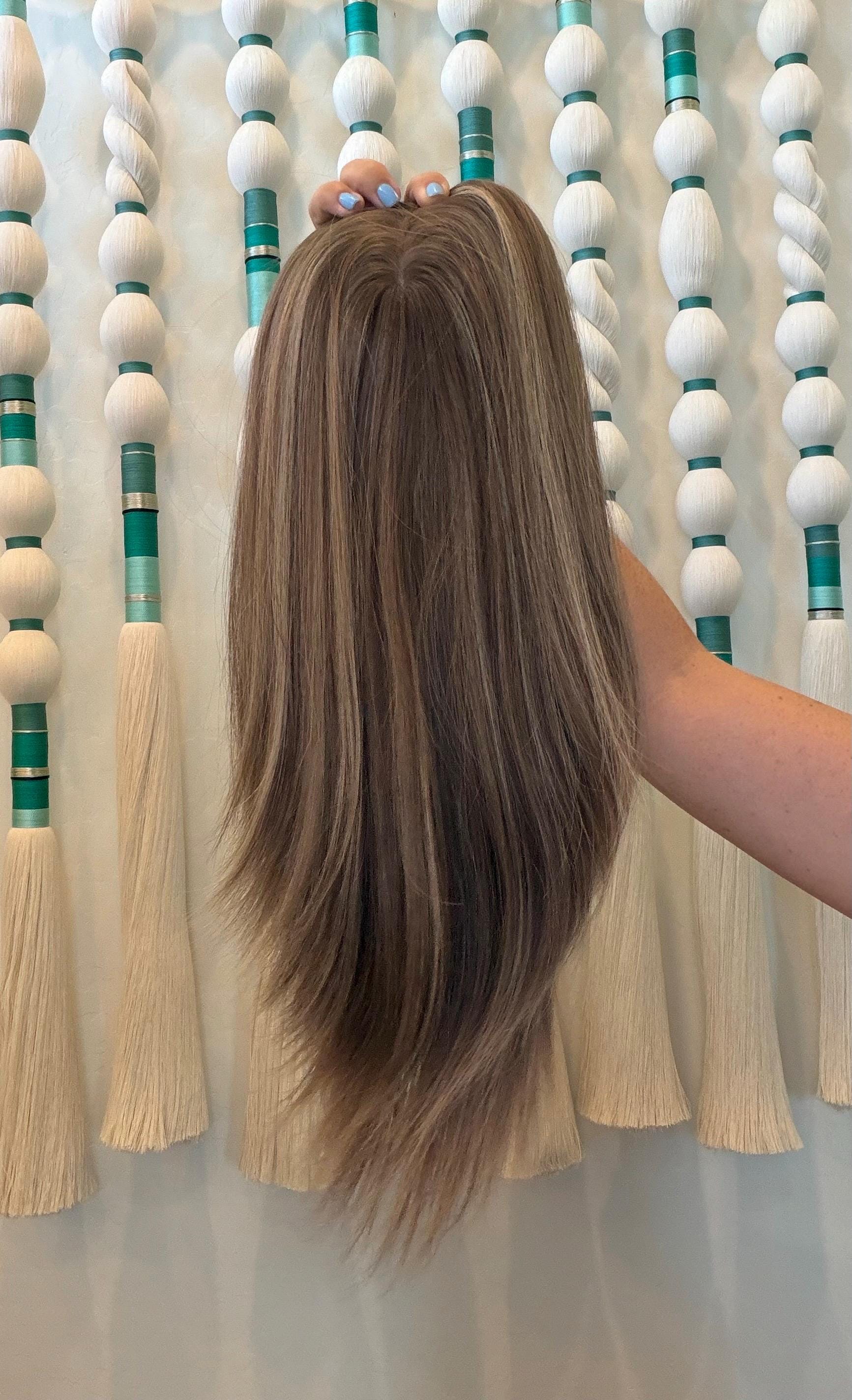 BISCOTTI 18" 8x8 topper 4x4 Silk Top Human Hair Topper – Ashy mushroom with highlights | Realistic Scalp Look | Brazilian Remy Human Hair