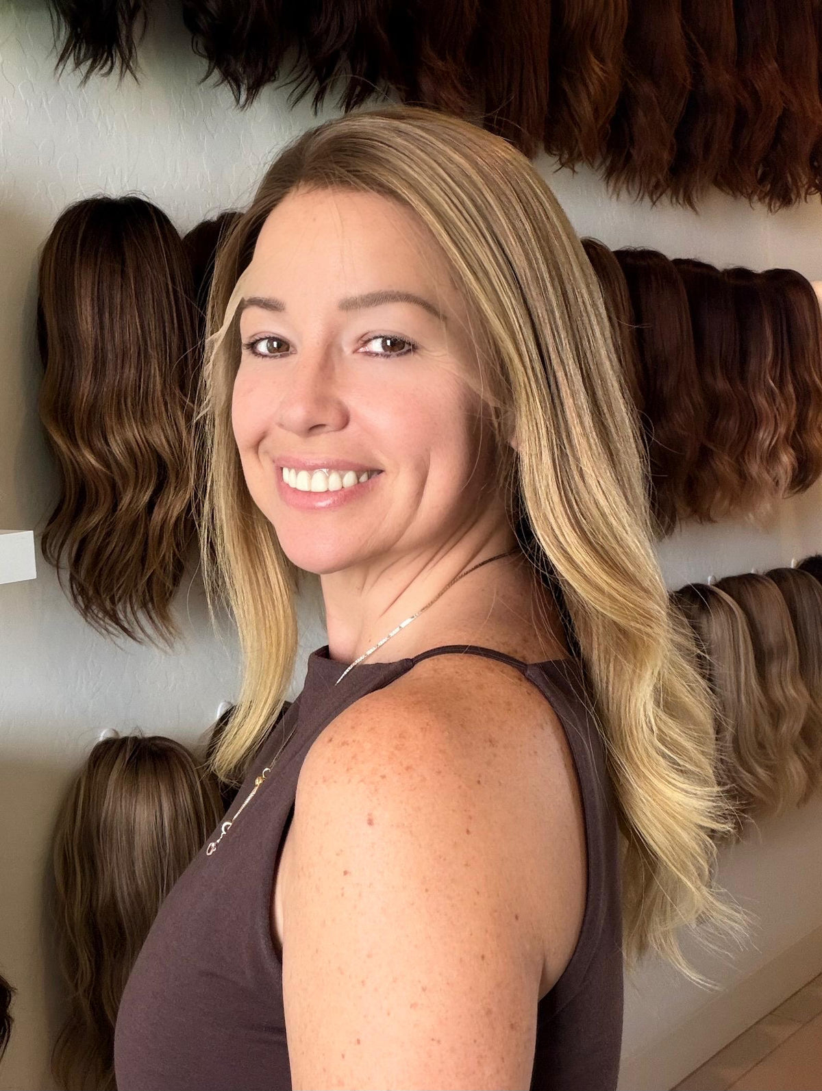 FLAN Layered Brazilian Remy Human Hair Wig | Size medium 13x6 Lace Front Wig | Golden Honey Vtabs | 22” Bleached Knots