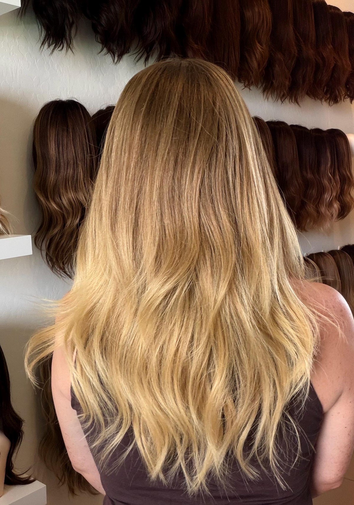 FLAN Layered Brazilian Remy Human Hair Wig | Size medium 13x6 Lace Front Wig | Golden Honey Vtabs | 22” Bleached Knots