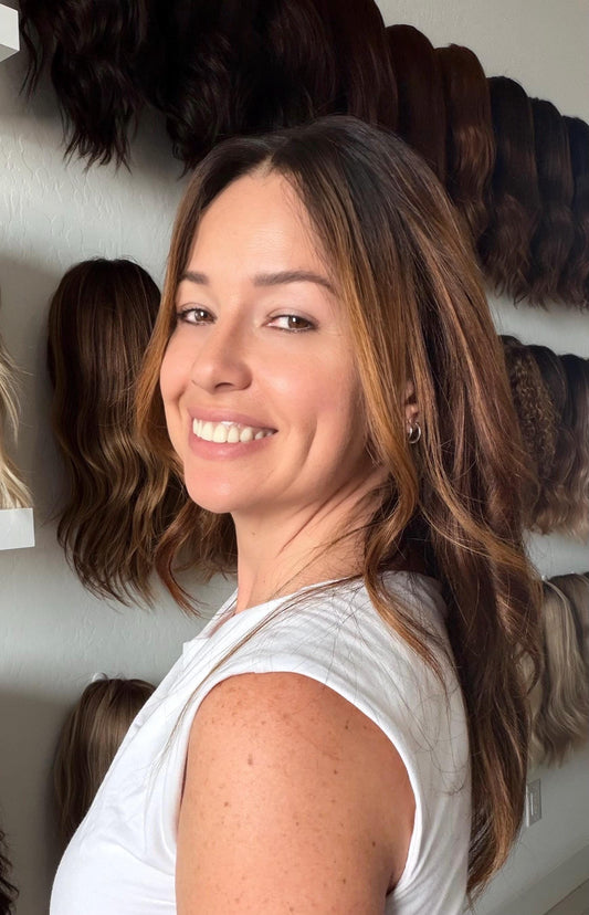 Christine Layered European Remy Human Hair Wig 14", full hand tied, no combs, no eartabs low density