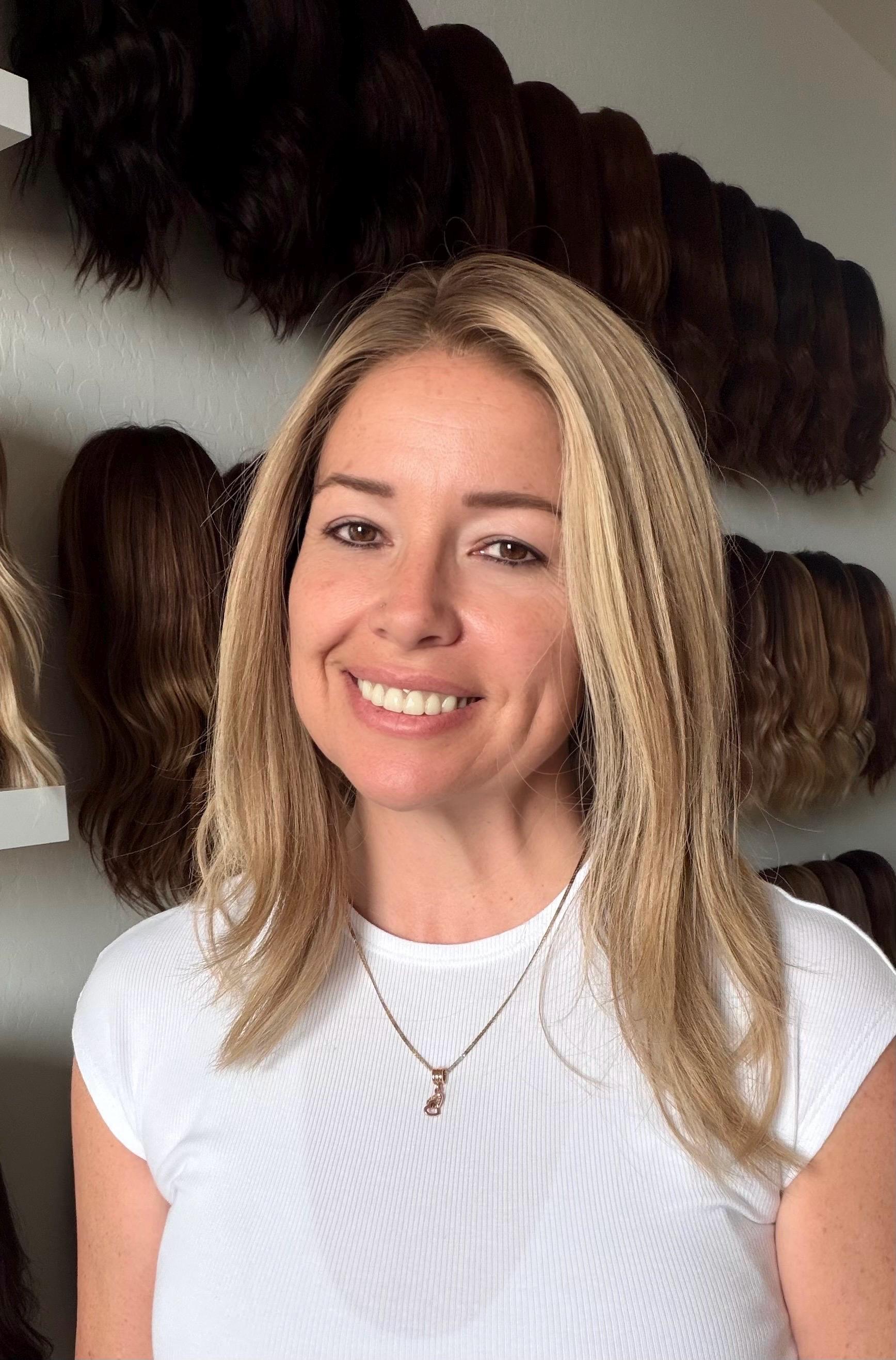 MADELEINE 9x9 Clipless Brazilian Remy Human Hair with Halo | 5x5 Lace Top, ash blonde rooted, 16”, low density