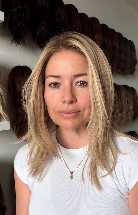 MADELEINE 9x9 Clipless Brazilian Remy Human Hair with Halo | 5x5 Lace Top, ash blonde rooted, 16”, low density