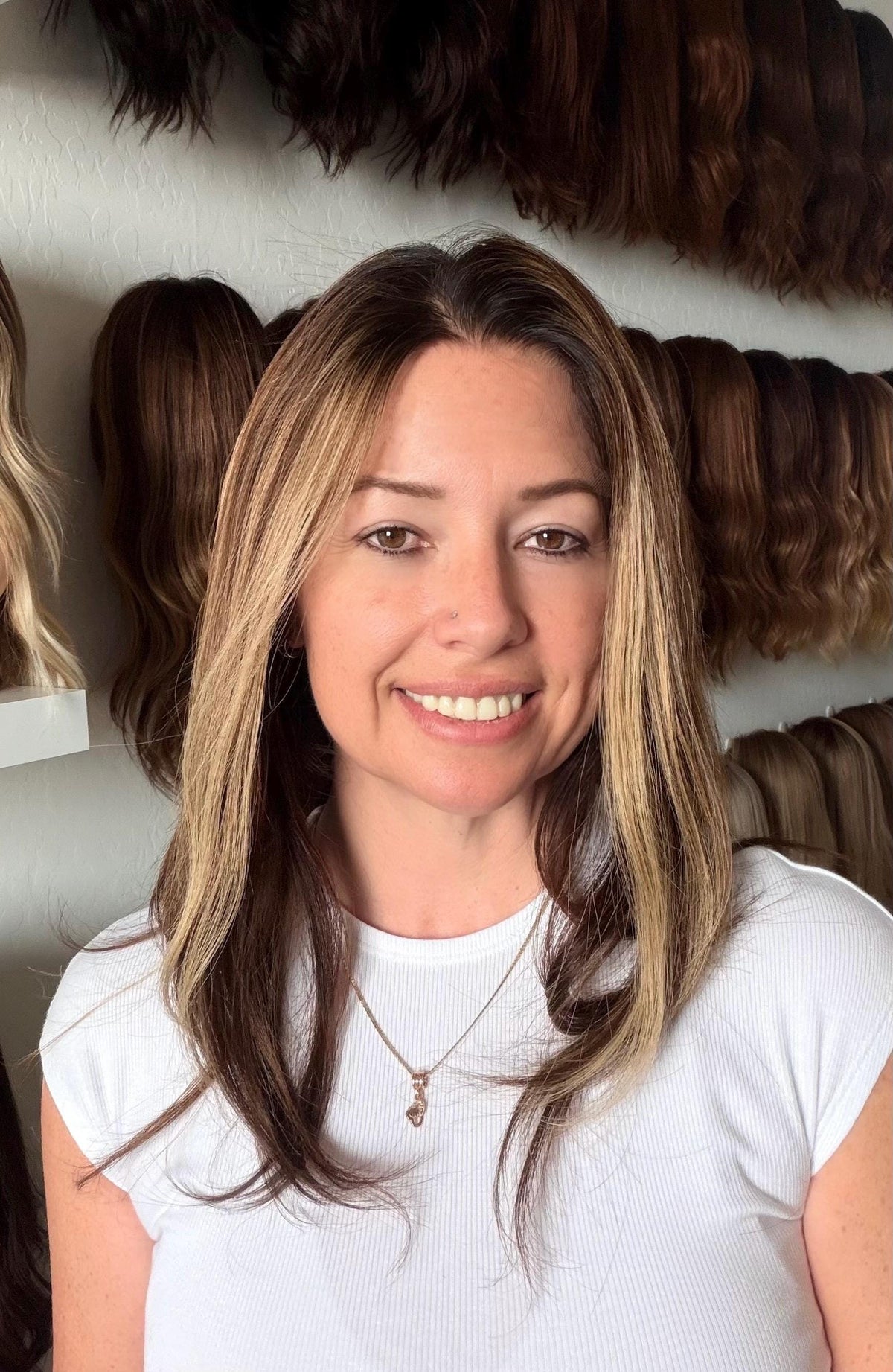 LOLLIPOP Layered Brazilian Remy Human Hair Wig | Natural Density 5x5.5” Lace Top Wig | 18-28” Brunette Beige Blend