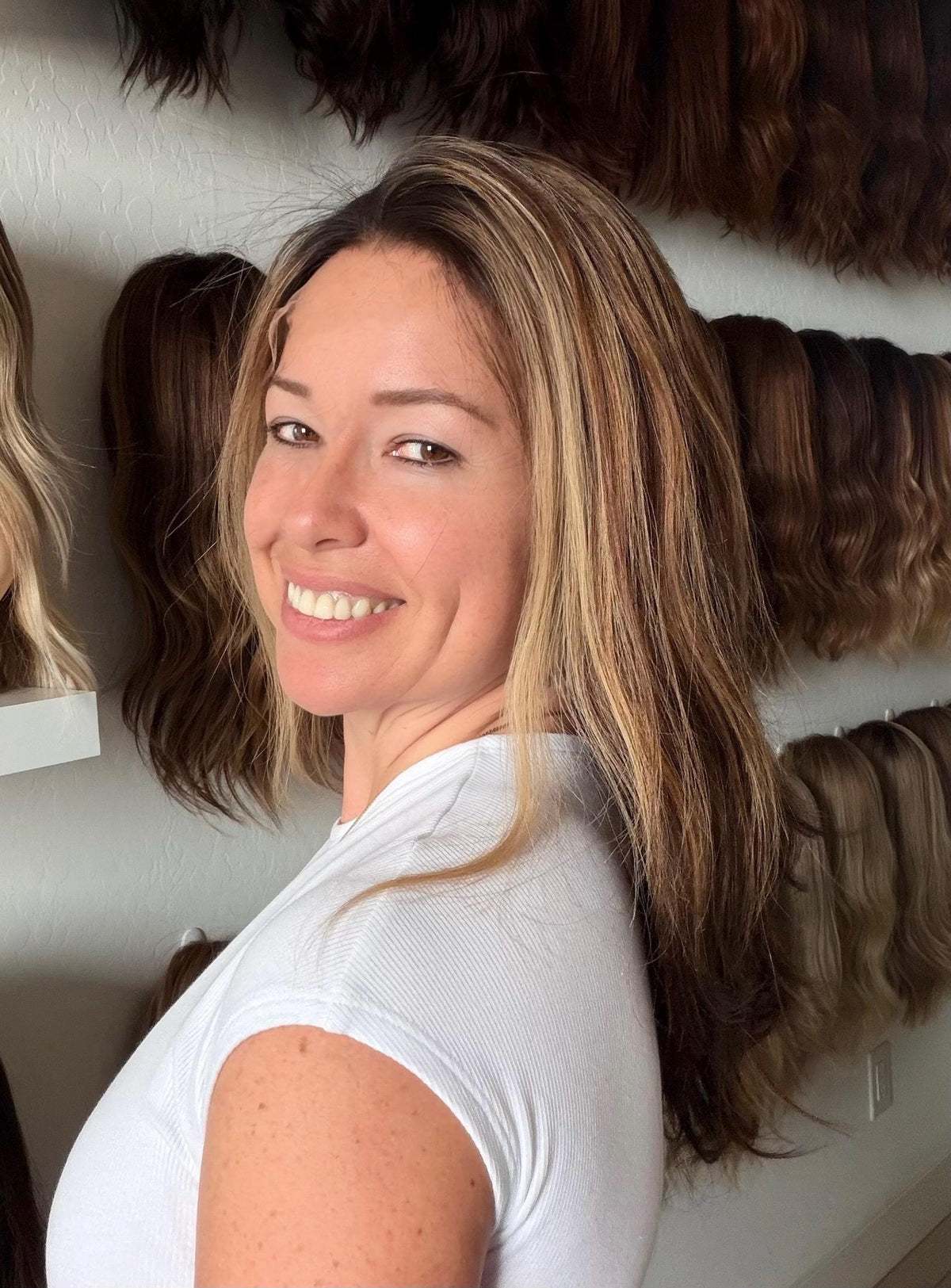 LOLLIPOP Layered Brazilian Remy Human Hair Wig | Natural Density 5x5.5” Lace Top Wig | 18-28” Brunette Beige Blend