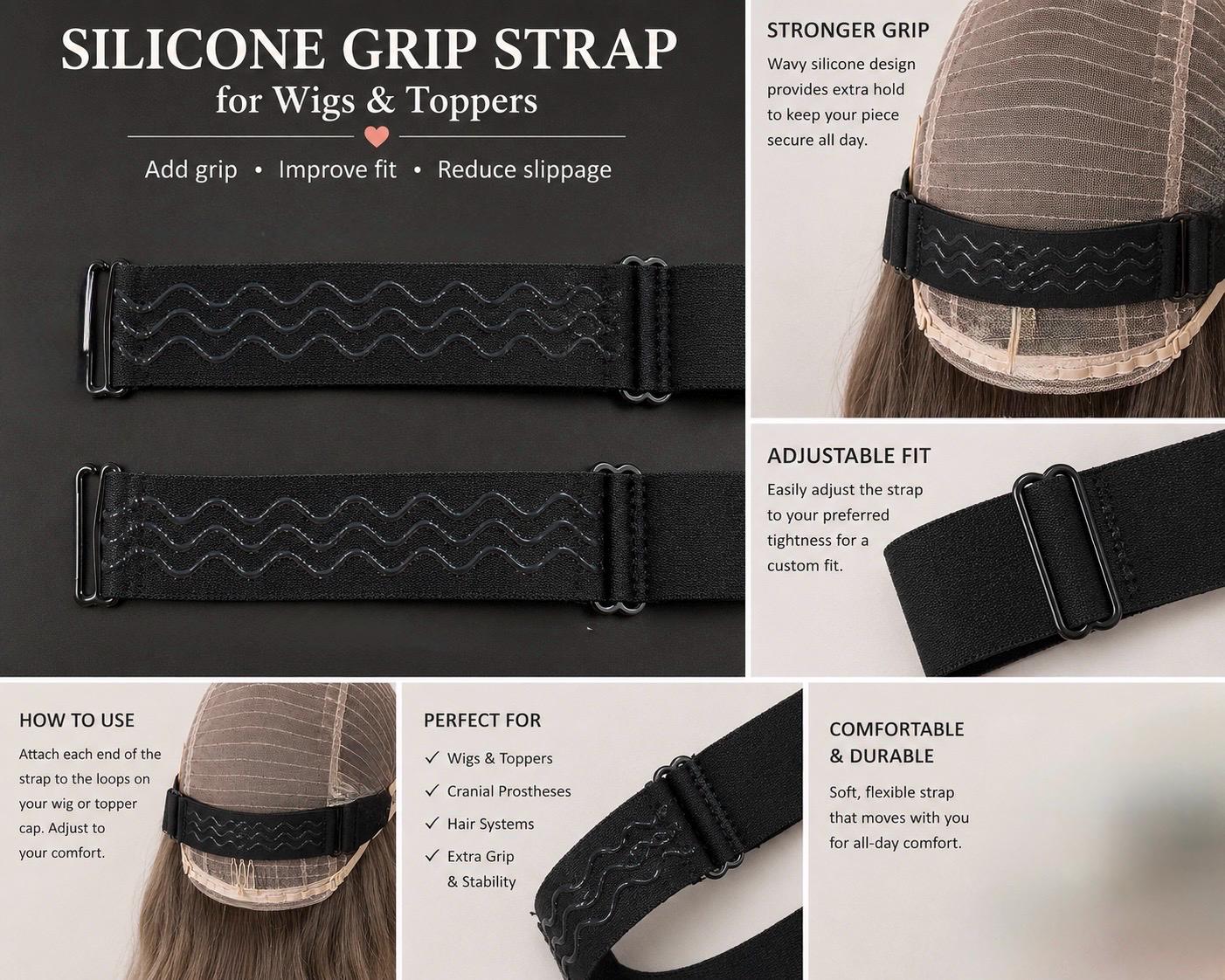 Set of 2 Silicone Wig Grip Straps | Adjustable Replacement Back Straps for Wigs & Toppers | Non-Slip Wig Band | Cranial Prosthesis Accessory