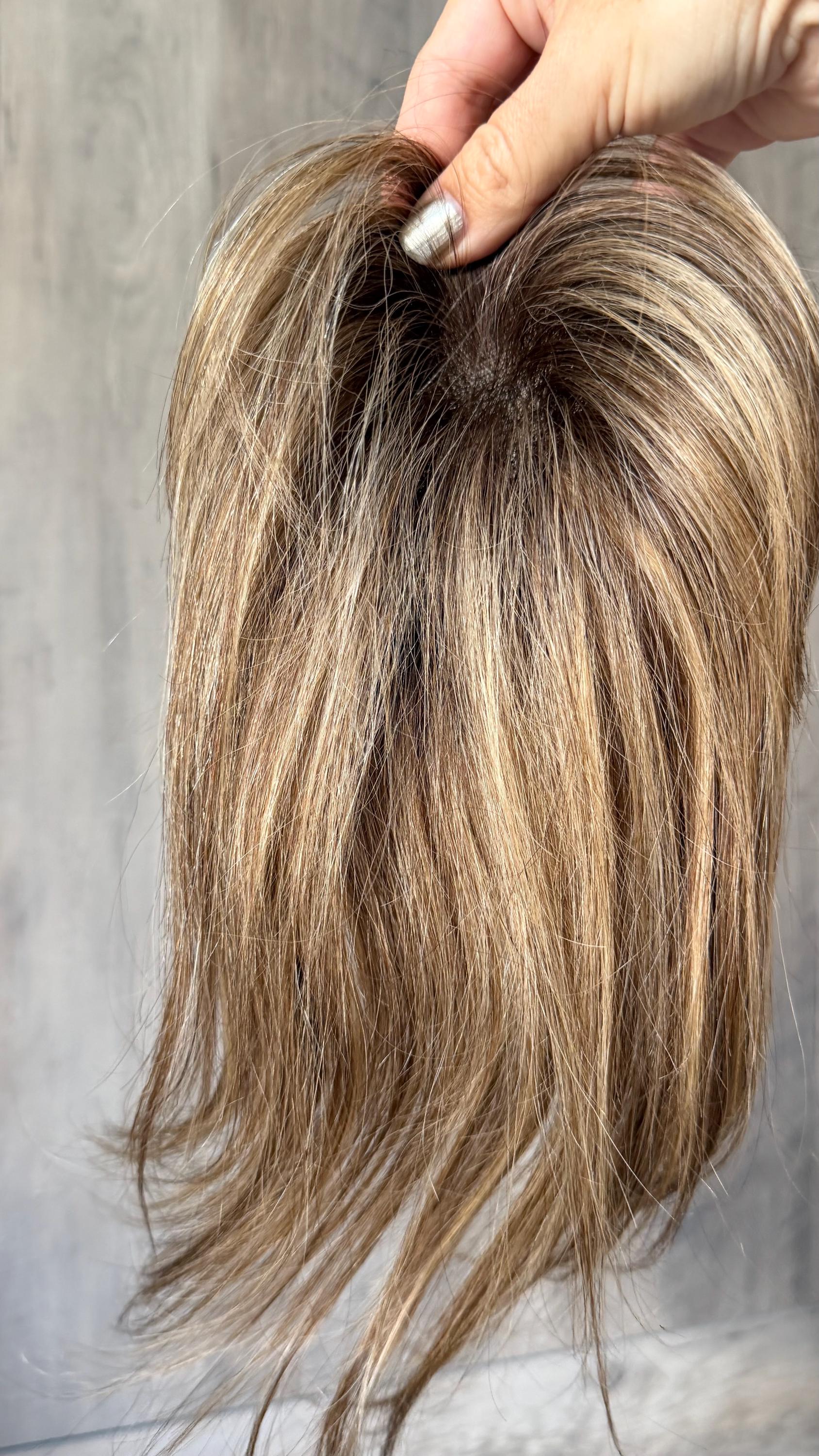 Human Hair Fringe Bangs Topper 3x4.5” | golden blonde with darker roots Human hair | hair Coverage | Thinning Hair | 10" | JILL