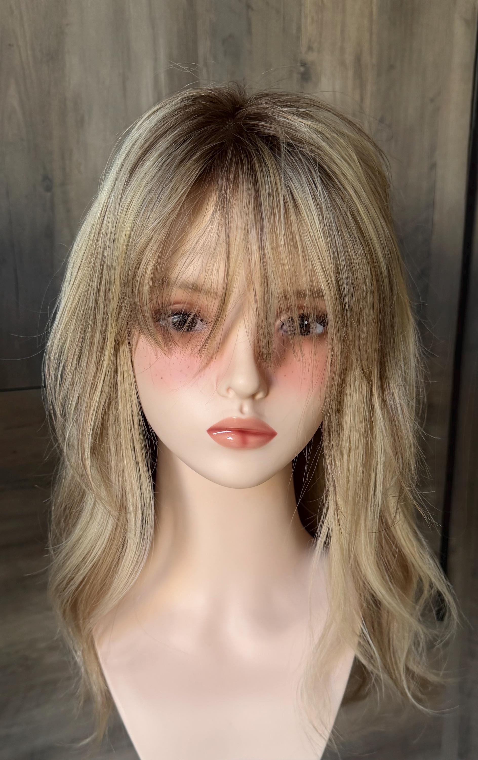 Human Hair Fringe Bangs Topper 3x4.5” | ashy blonde with mushroom roots Human hair | hair Coverage | Thinning Hair | 10" | CHITAKE