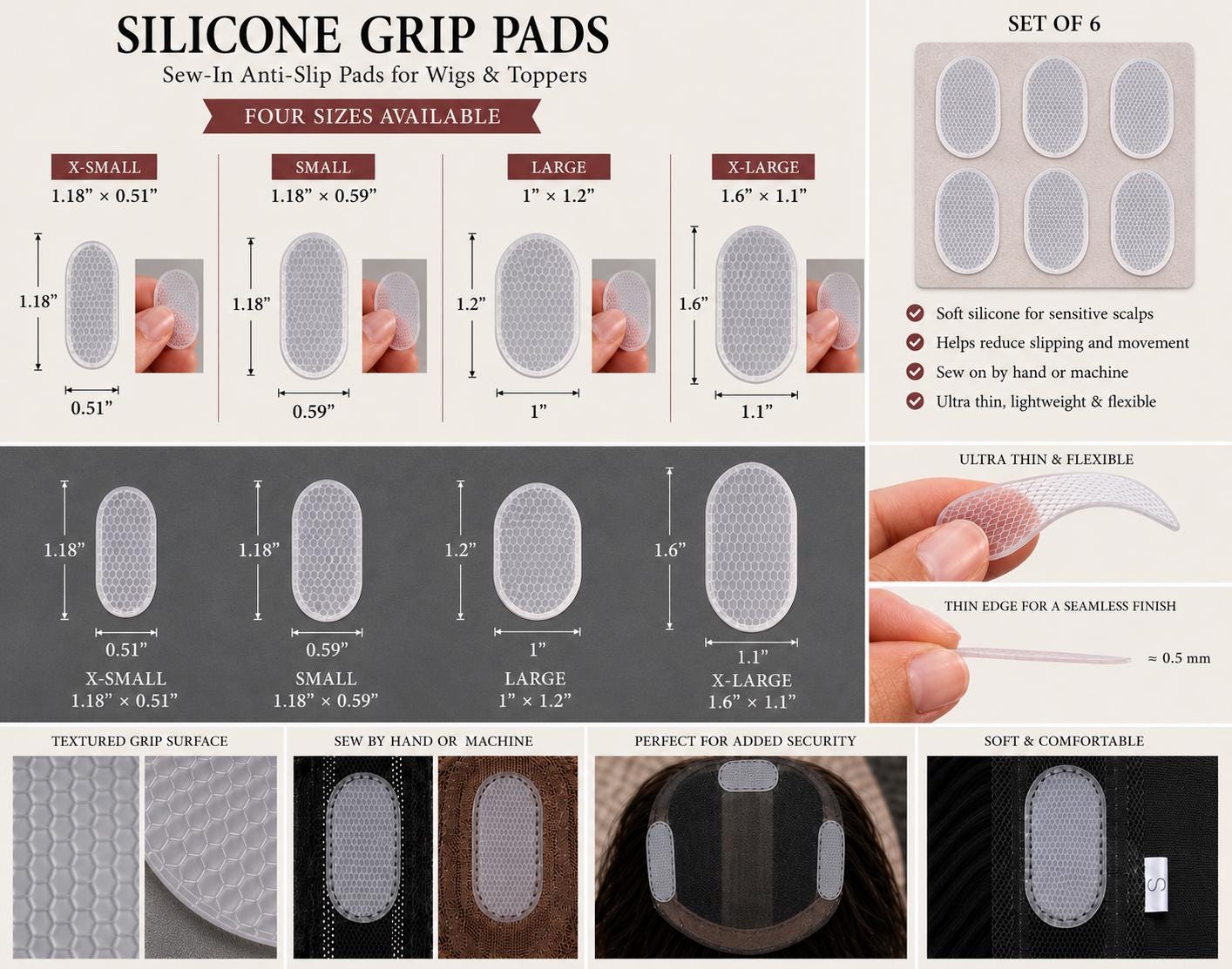 Silicone Grip Pads for Wigs & Toppers – Sew-In Anti-Slip Silicone Patches | Soft for Sensitive Scalp | Set of 6