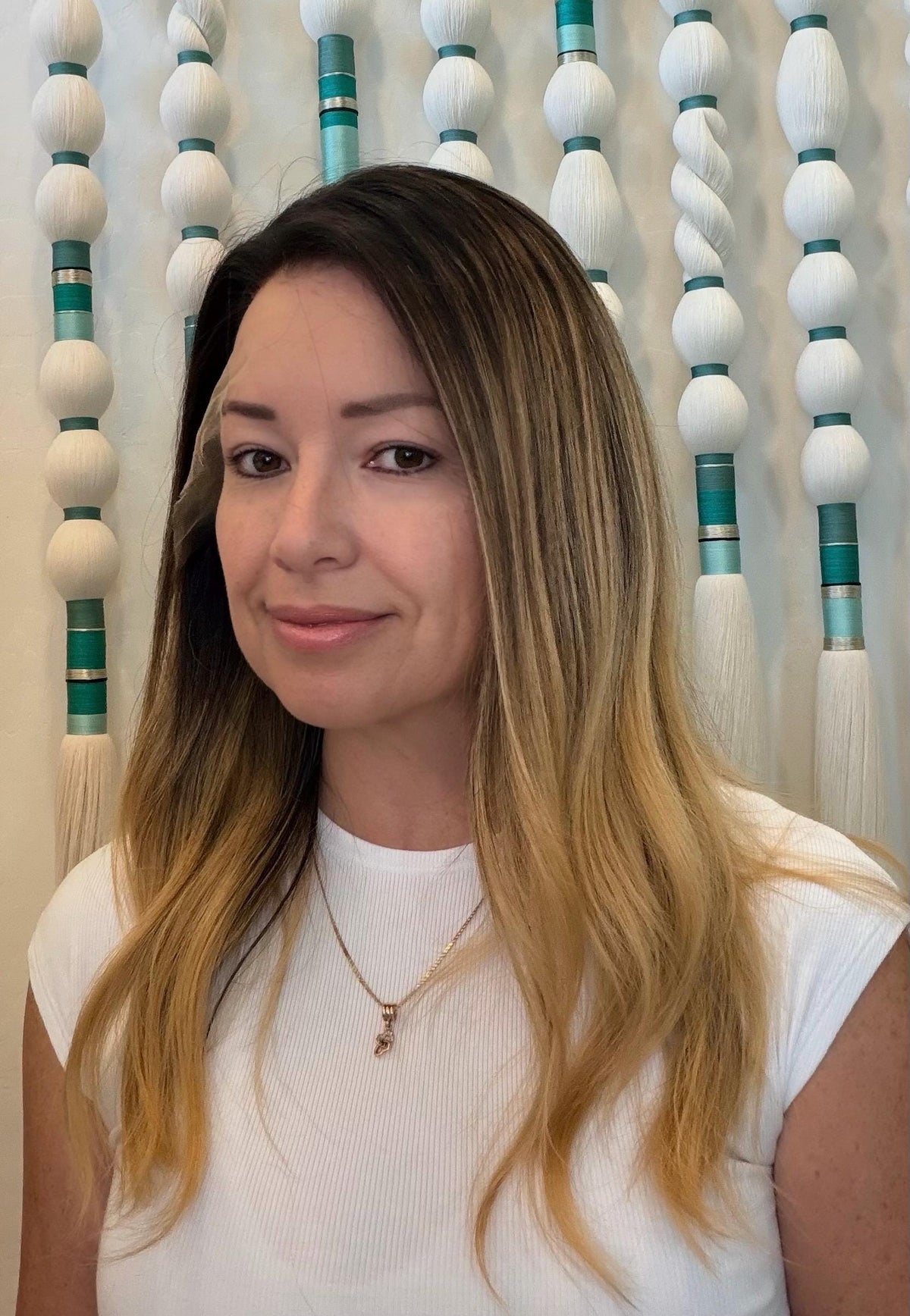 DULCE Layered Brazilian Remy Human Hair Wig | Medium Density 13x6 Lace Front Wig | dark brown w/blonde balayage | 18-28"” Bleached Knots