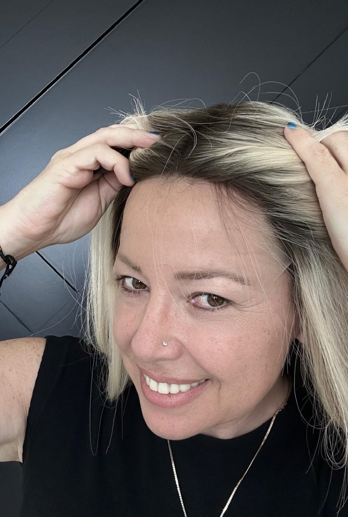 BREVA Layered European Remy Human Hair Wig | Natural Density 9x5” Lace Top Wig | natural black with light blonde Mid and ends | 18-24”